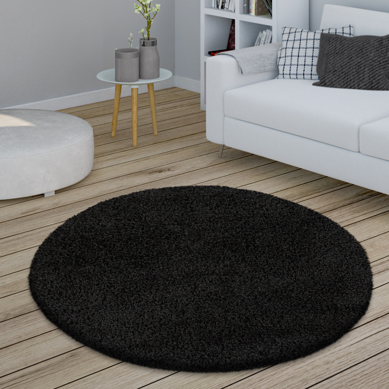 Paco Home Teppich Rund Hochflor Wohnzimmer Shaggy Langflor Weich Flauschig Modern Unifarben Ø 80 Cm Rund, Schwarz