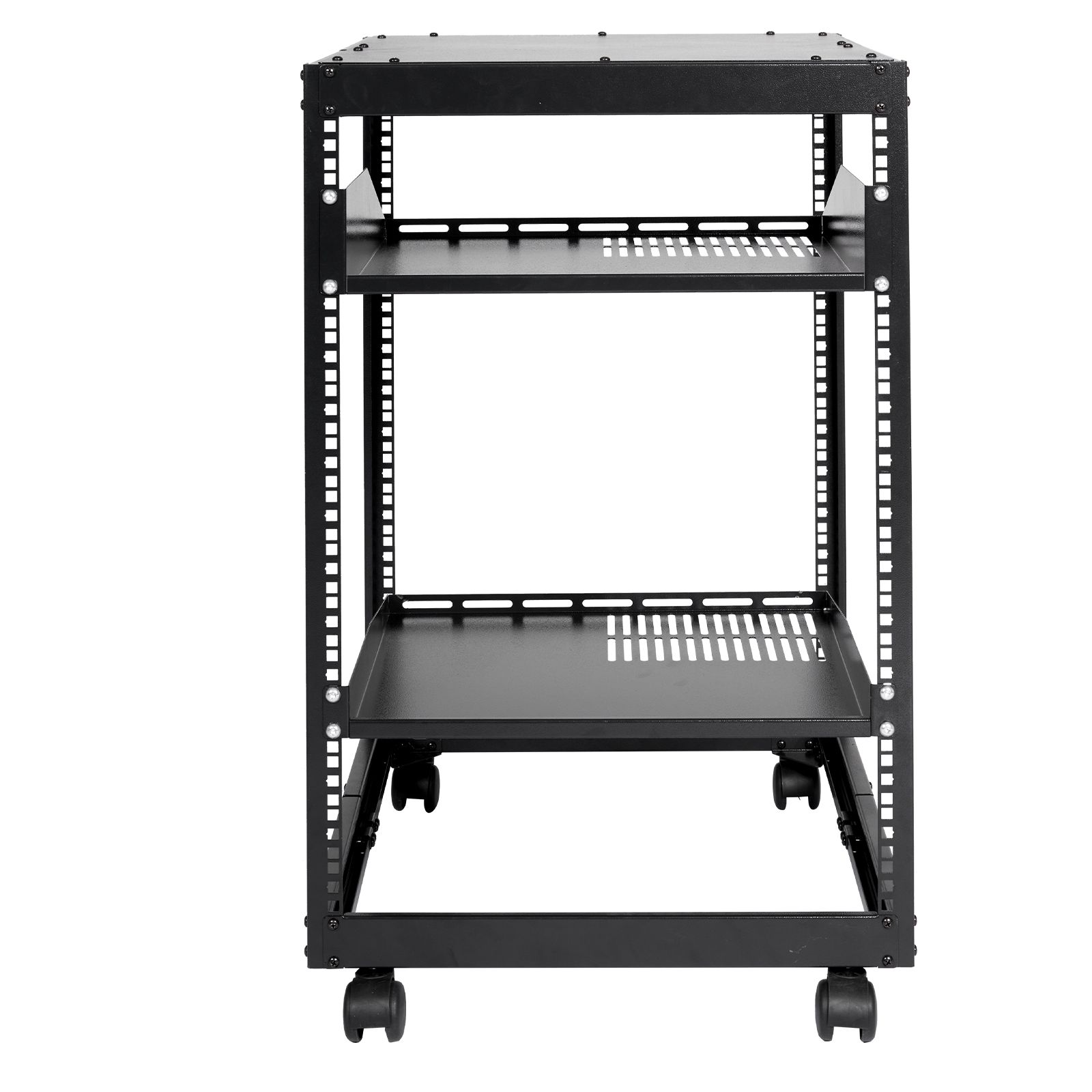 Bâti serveur 15U ouvert, profondeur ajustable 58,5-101,6 cm, acier au carbone, 4 montants avec roulettes, lot complet