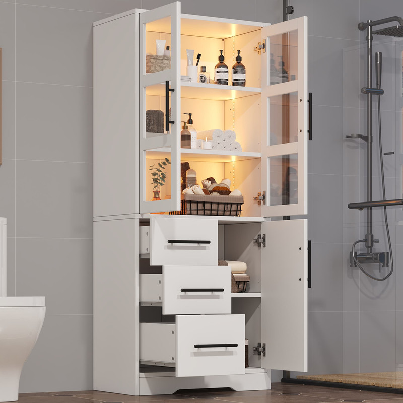 Meuble De Salle De Bain 72×35×170 Cm Avec Éclairage Led – Double Portes