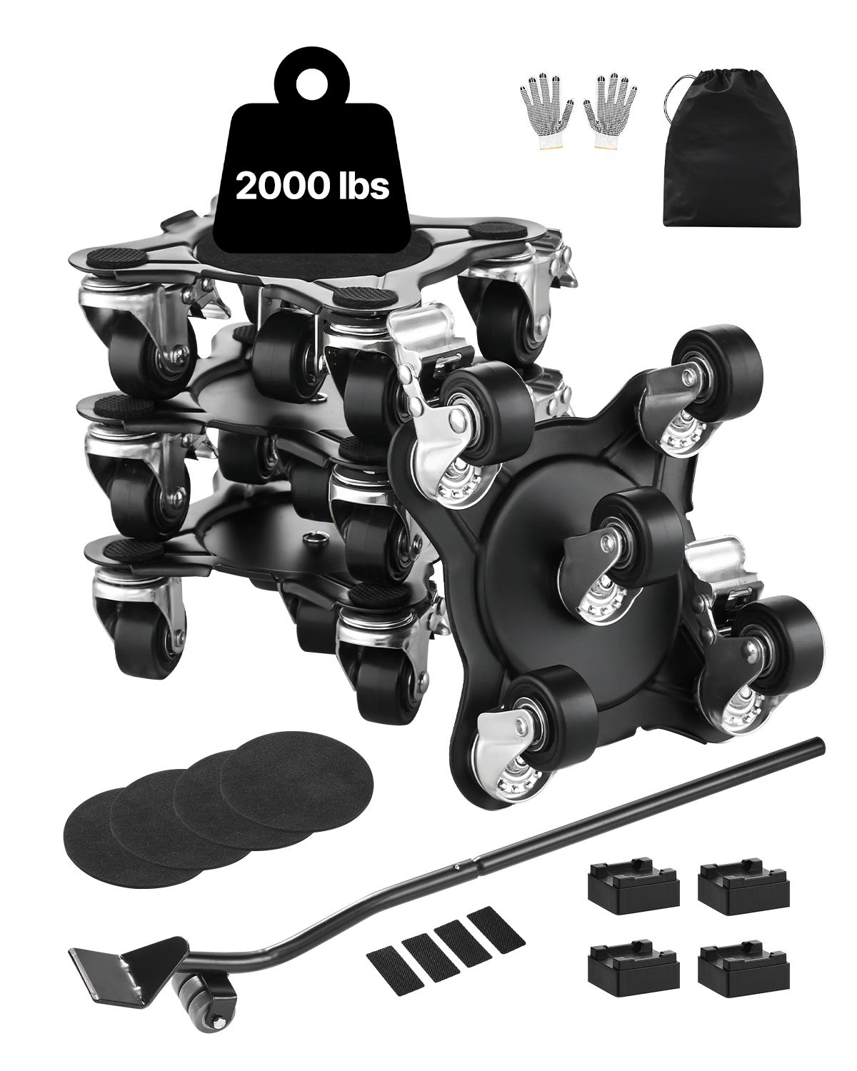 Diable de meuble robuste en acier carbone, roues pivotantes 360°, charge 544 kg, lot de 4
