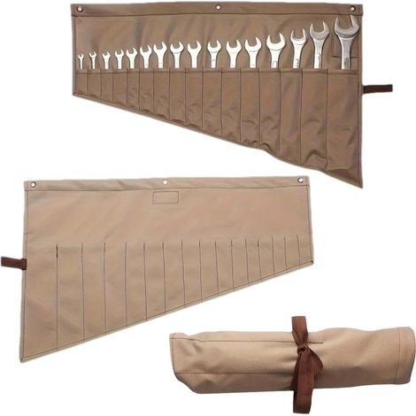 Sac à outils enroulable 16 compartiments, toile résistante à l'eau, marron