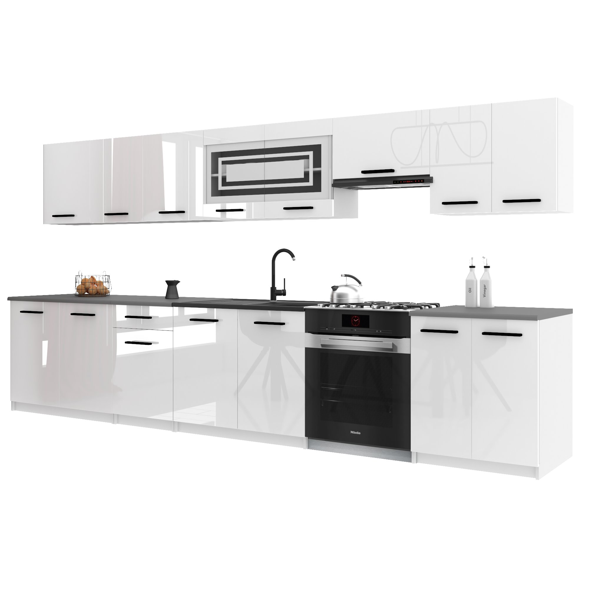 Belini Italia 3 Cuisine Equipée Modulaire Complète - 320 Cm. Meubles Hauts Bas Avec Plan De Travail, Blanc Très Brillant