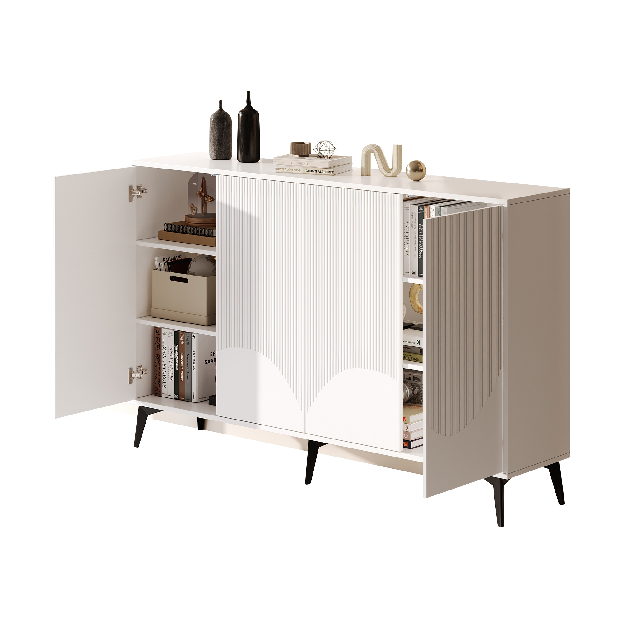 Stilvora Sideboard Mit 4 Türen Und Verstellbaren Einlegeböden, Metallbeinen, Für Wohnzimmer, Aus Spanplatte 160×35×100 Cm Weiß