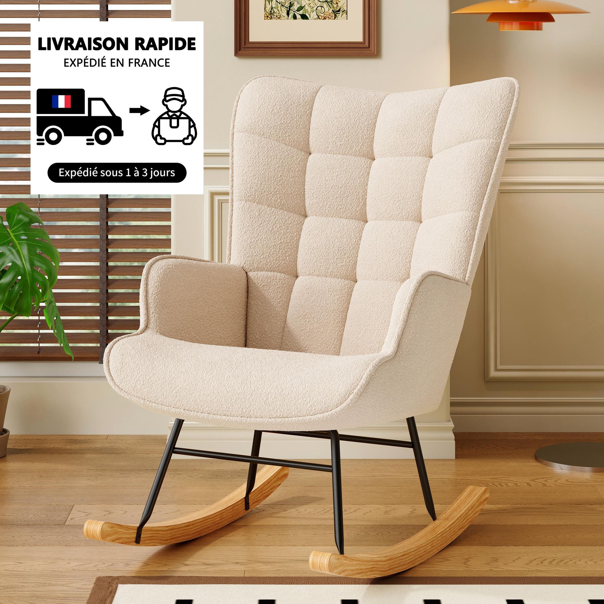 Eifson – Fauteuil À Bascule En Peluche Beige – Dossier Haut Ergonomique