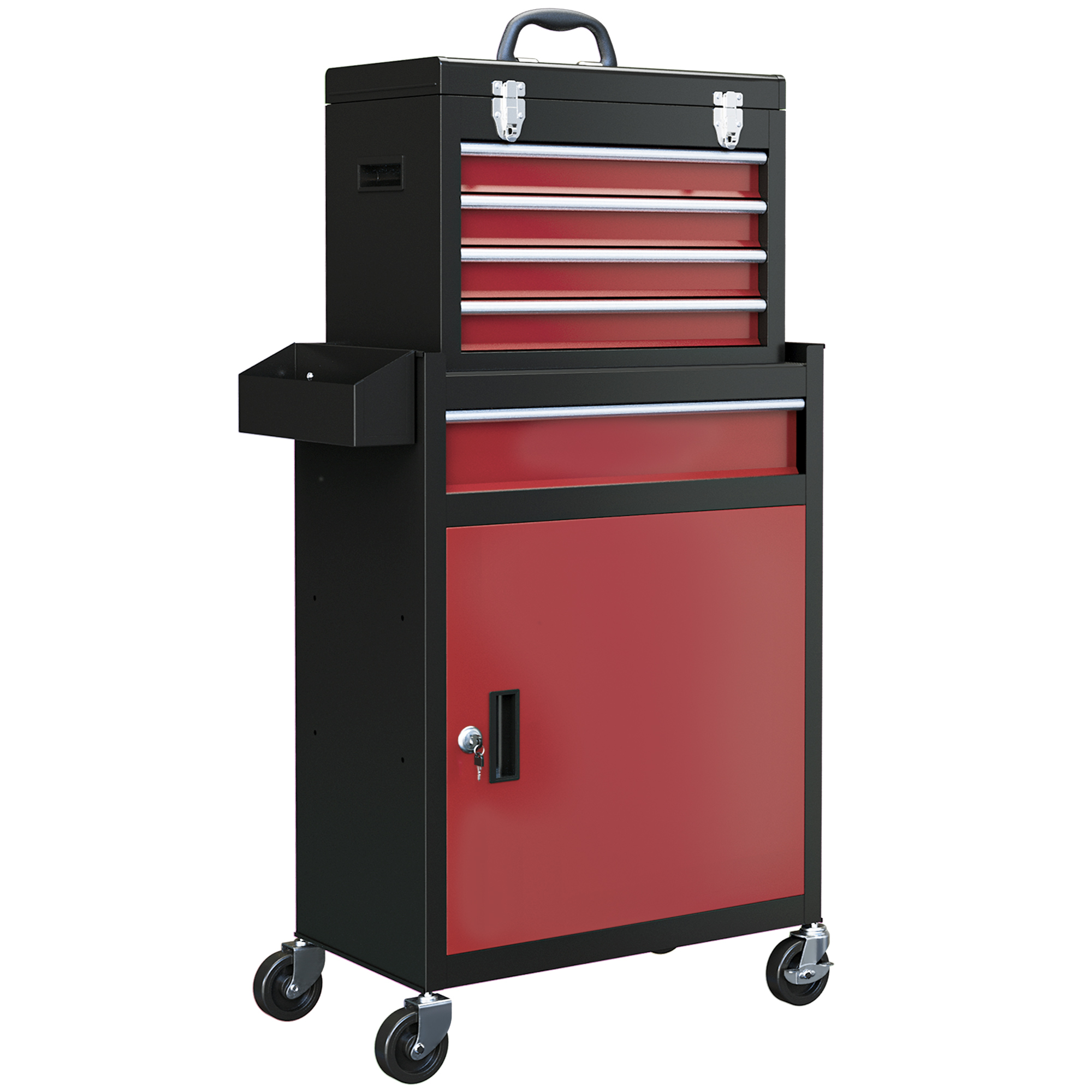 Coffre à outils métallique rouge verrouillable sur roulettes, 5 tiroirs, glissières à billes, armoire et étagère latérale
