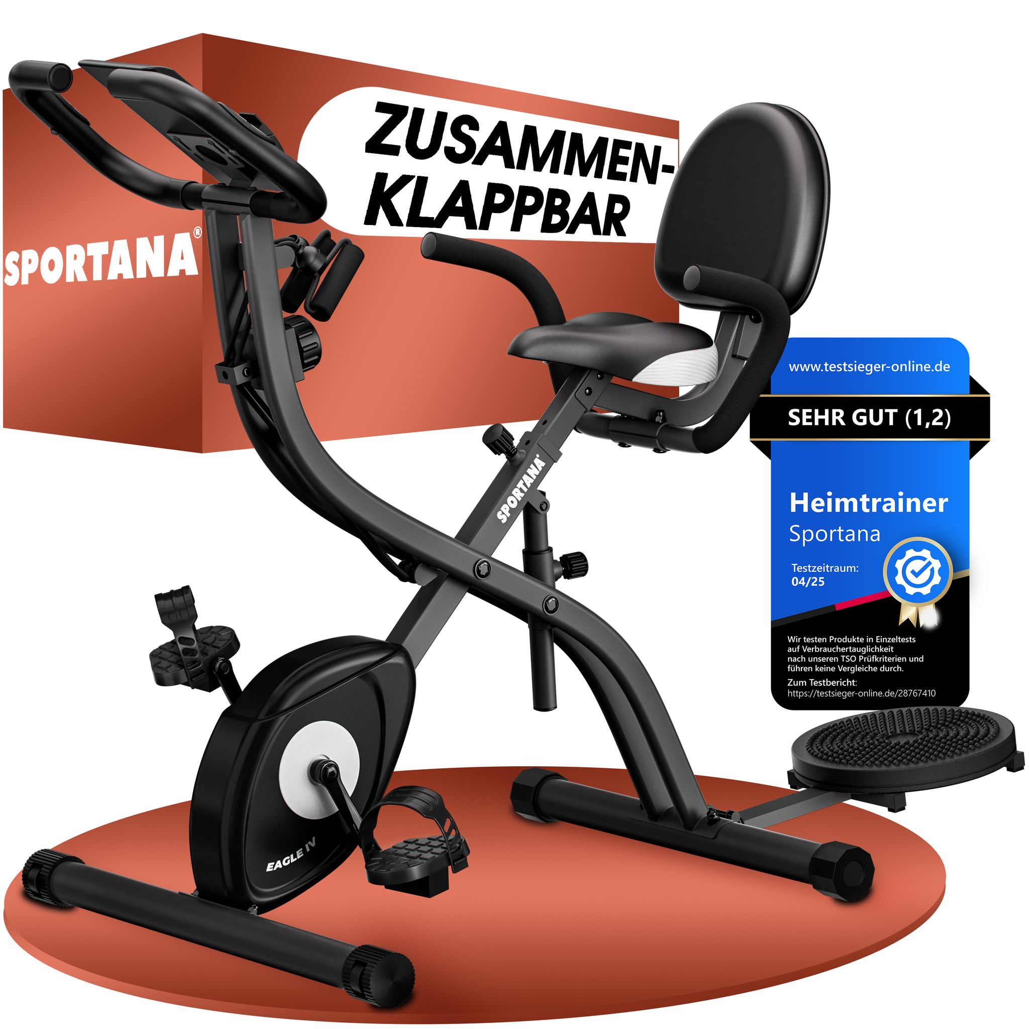 Heimtrainer Fahrrad Eagle 4 Klappbar 140kg 7 Sitzhöhen Display Trainings App 2 Fitnessbänder 4in1 Ausdauer Ergometer Hometrainer Fitnessbike -