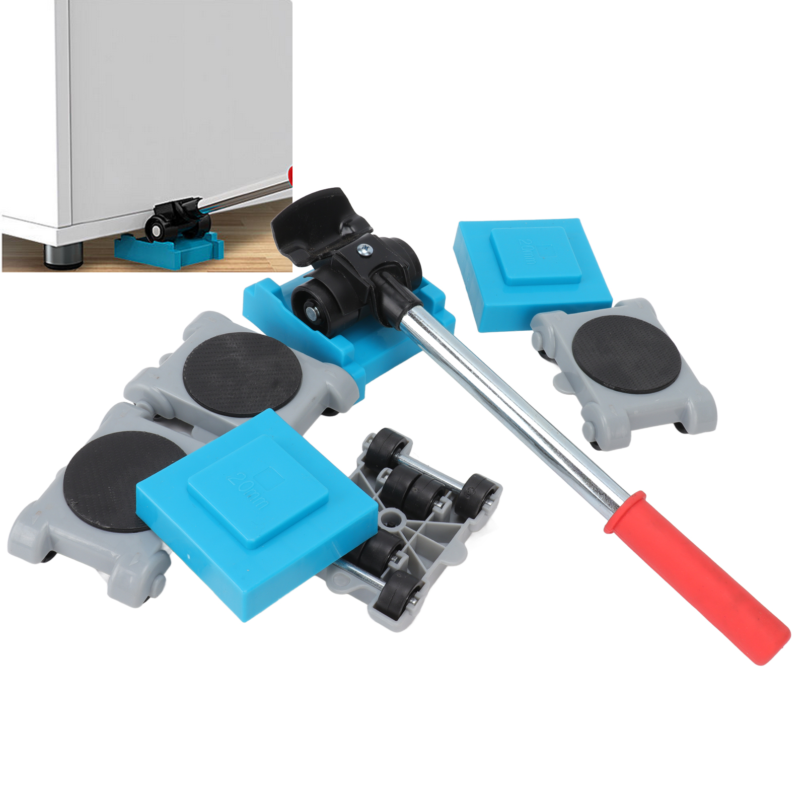 Kit de déplacement de meubles avec levier, 4 poulies rotatives à 360°, acier inoxydable et ABS, lot de 8 pièces