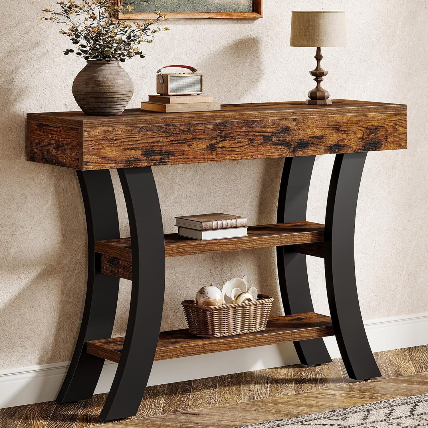 Tribesigns – Table Console Rustique 105 Cm – 3 Niveaux De Rangement – Cadre Incurvé En Métal – Idéale Pour Entrée, Salon, Couloir – Marron