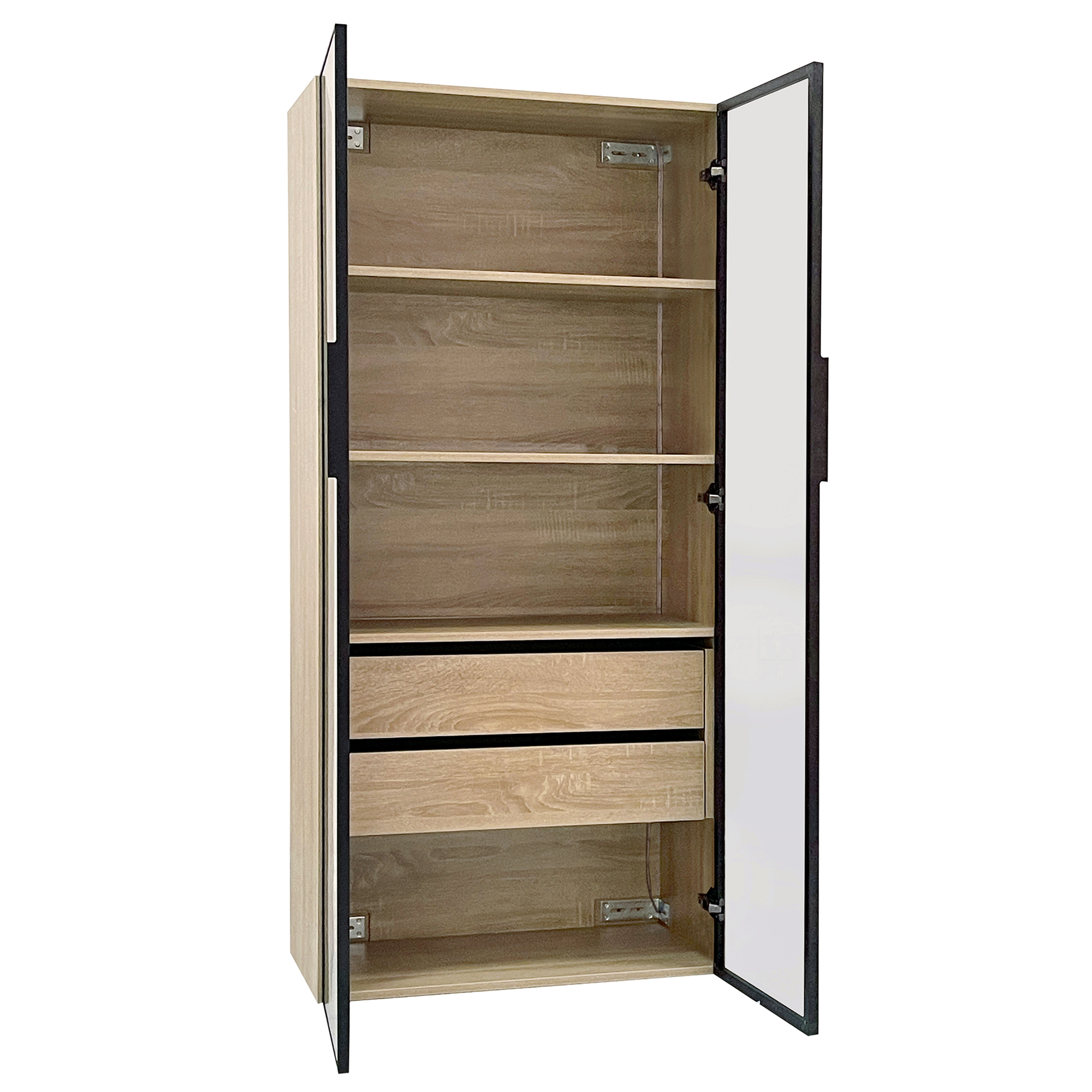 Stilvora Badezimmerschrank 2er Set Mit 2 Milchglasturen 2 Schubladen Led Und Offenen Fachern Aus Mdf Naturfarbe