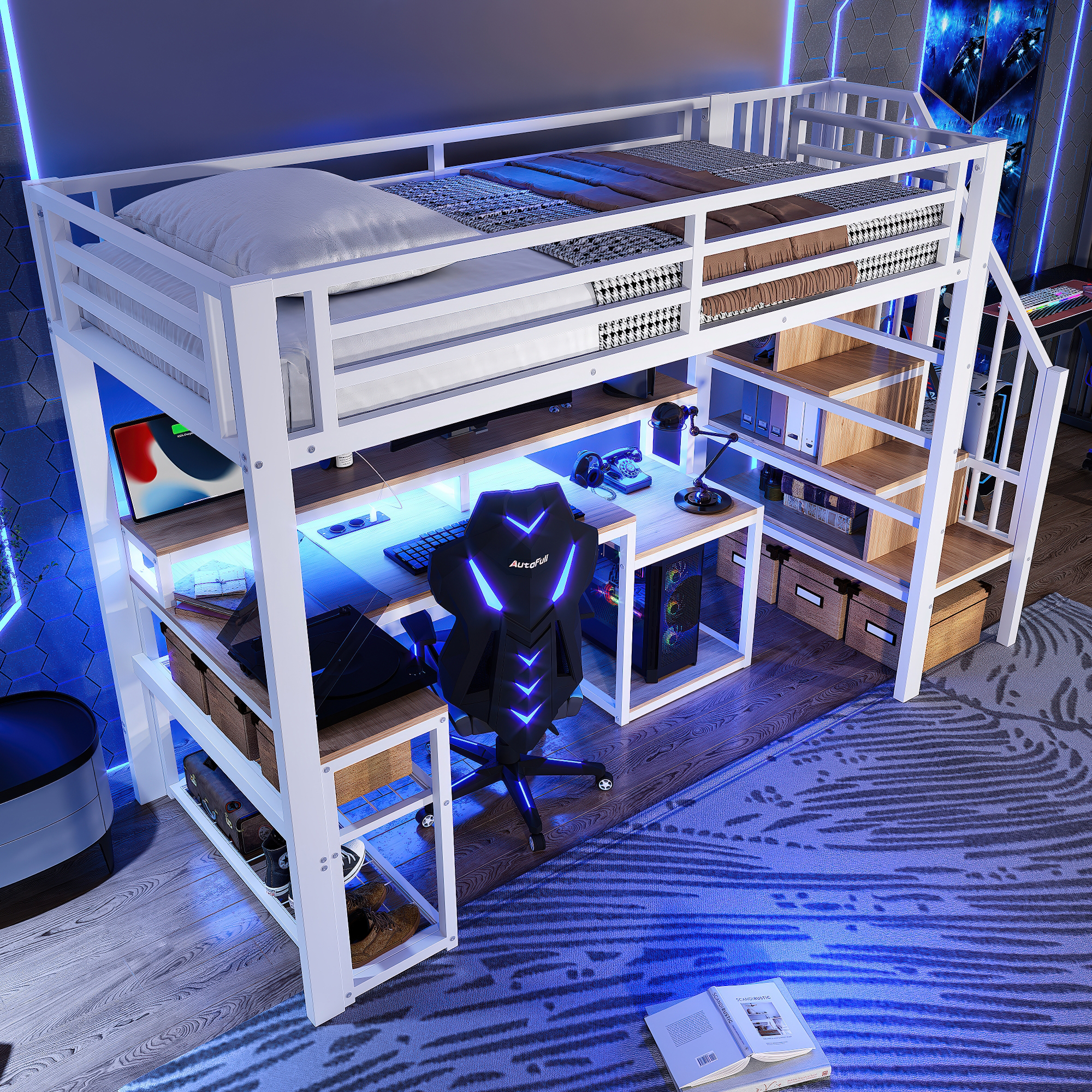 Stilvora Hochbett 90 X 200 Cm Mit Stauraumtreppe, Schreibtisch, Led Regulierbar Und Usb, Ohne Matratze, Aus Metall, Weiß