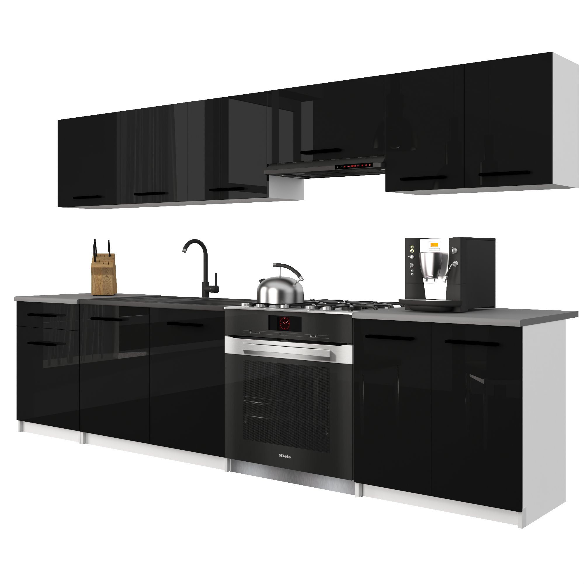 Belini Italia 2 Cuisine Equipée Modulaire Complète - 240 Cm. Meubles Hauts Bas Avec Plan De Travail, Noir Très Brillant