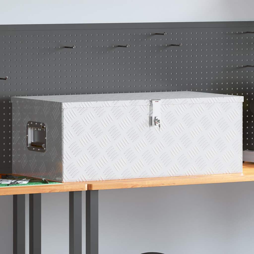 Coffre de rangement en aluminium argenté avec serrure, 90 x 47 x 33,5 cm, poignée et 2 clés