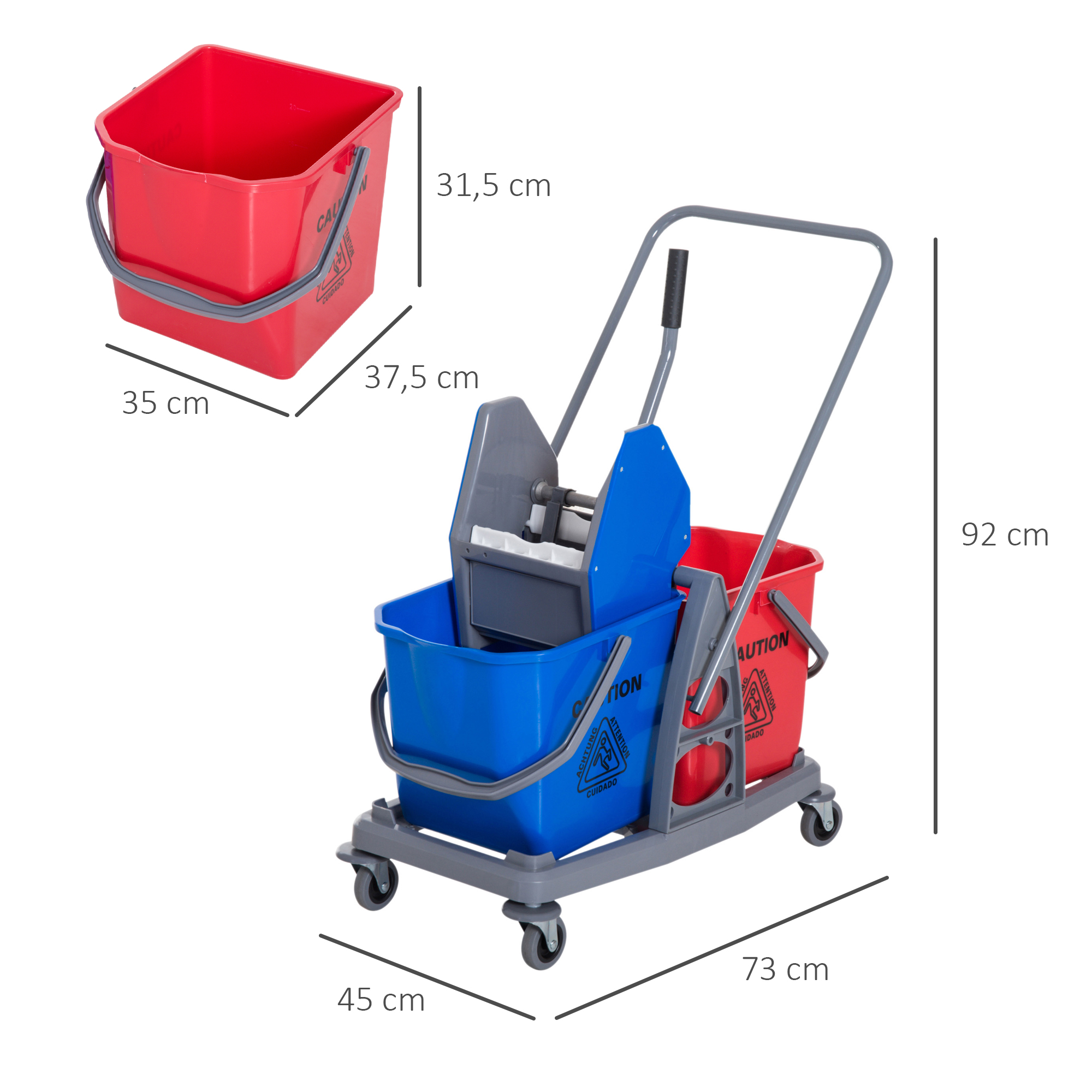 Chariot de nettoyage professionnel en métal, 2 seaux de 25 litres avec essoreuse à levier, 4 roues, 73 x 45 x 92 cm