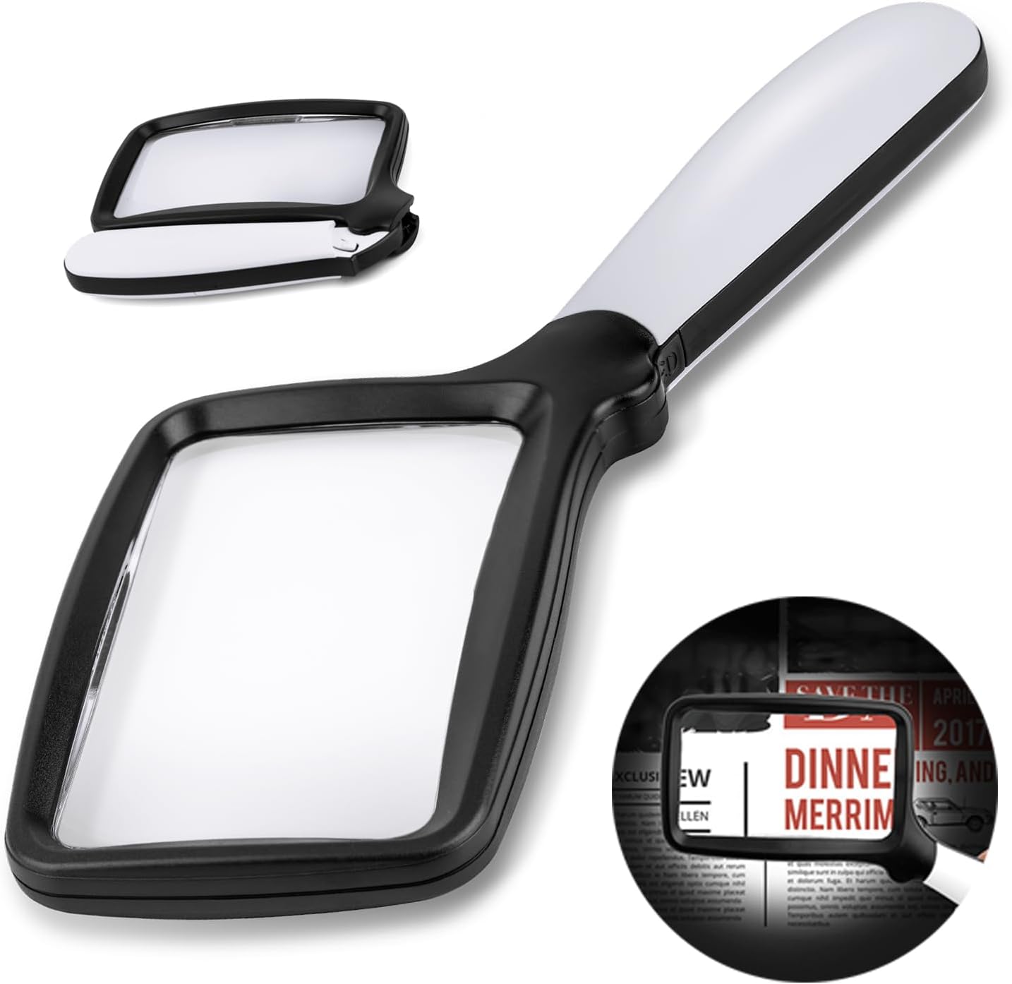 Loupe de lecture pliable à main avec LED à intensité variable, lentille rectangulaire 11,05 x 6,4 cm, grossissement 3x