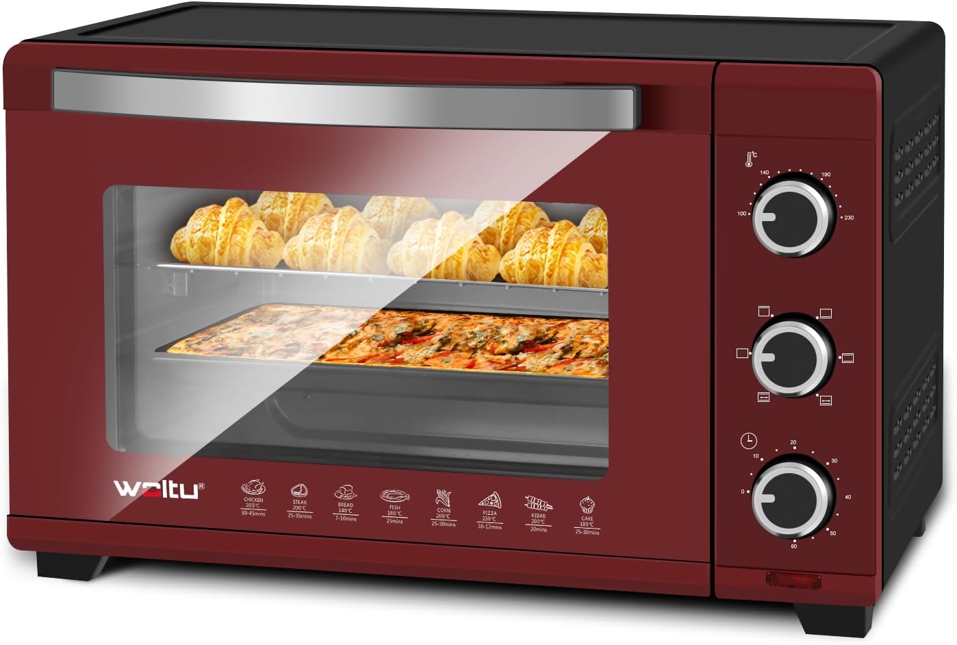 Woltu - Four Électrique 32l, Four De Table 1600w, Minuterie 60 Min, 100-230℃, Porte À Double Vitrage, Rouge+noir
