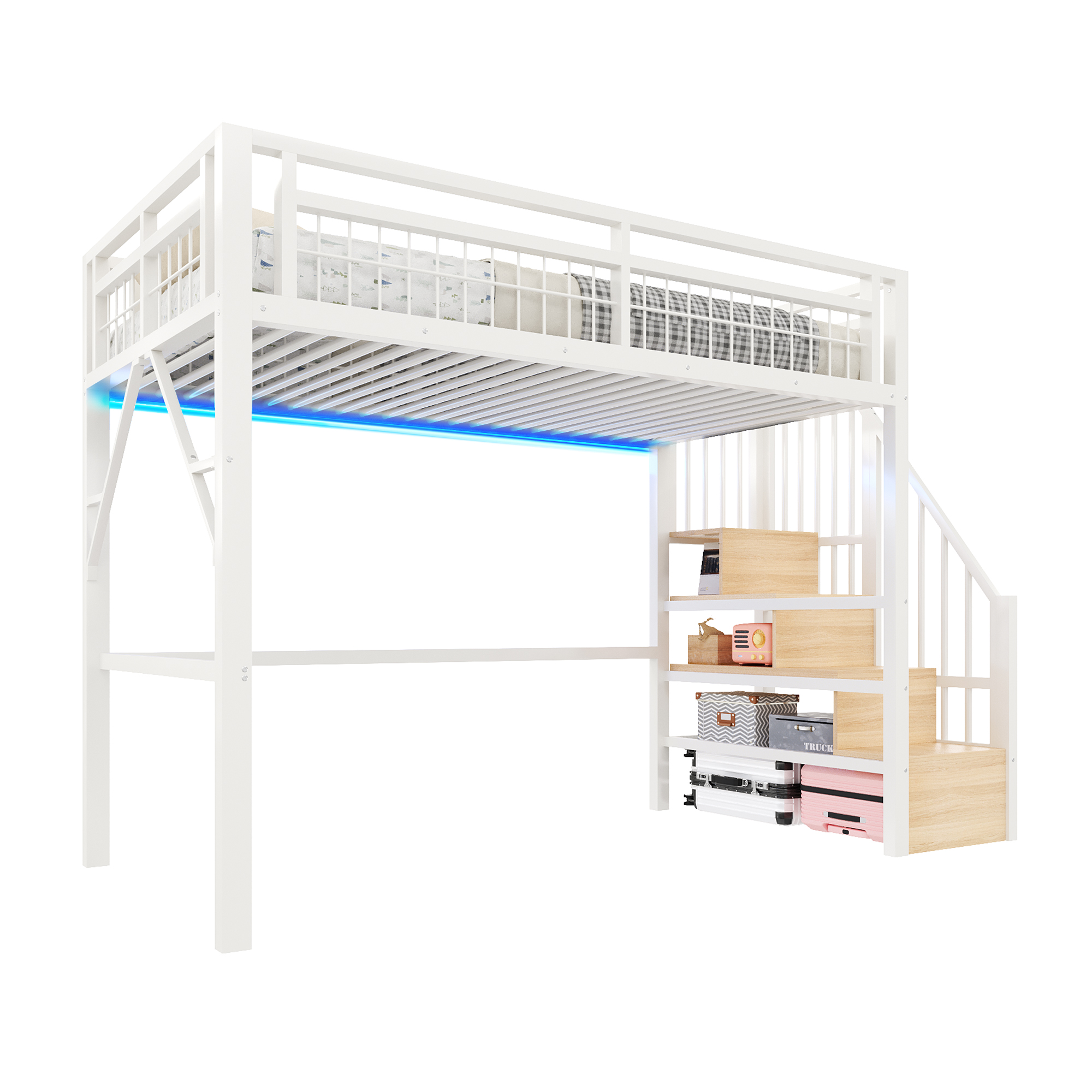 Stilvora Hochbett 90 X 200 Cm Mit Led Und Stauraumtreppe, Ohne Matratze, Aus Metall, Weiß