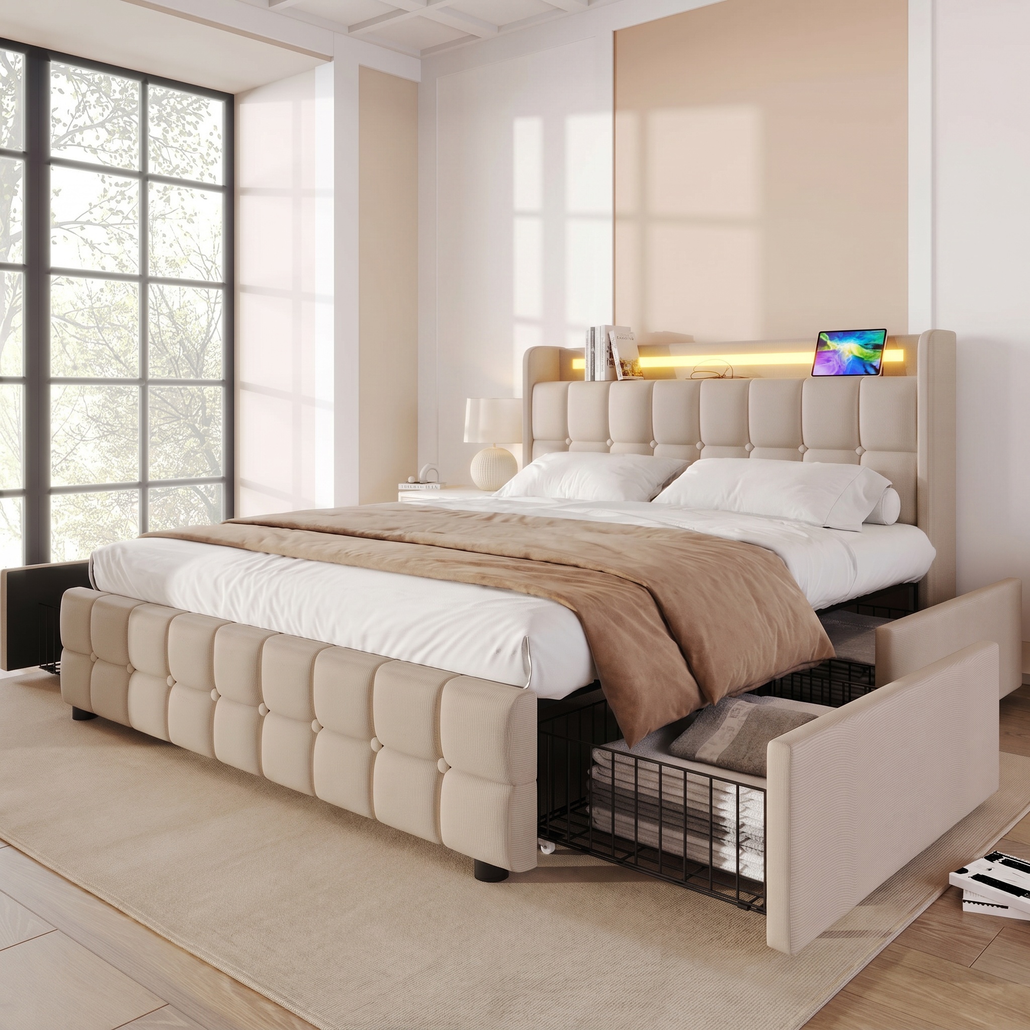 Lit 180x200 Avec 4 Tiroirs Rangement, Lit Double King Size, Sommier À Lattes, Tête De Lit Avec Prises Usb, Led, Capitonné Tissu Lin, Beige