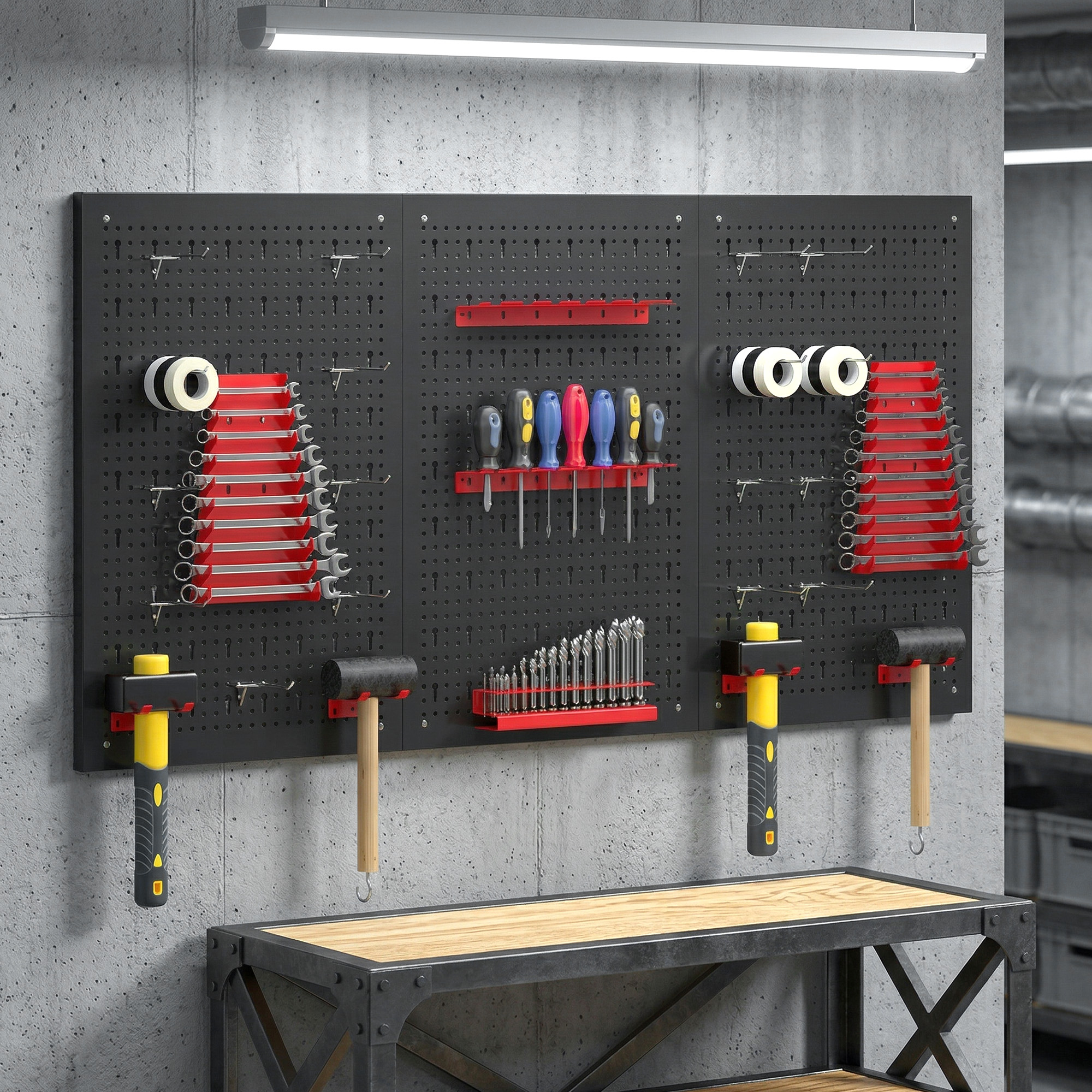 Panneau perforé mural 600 x 400 mm en acier, 3 panneaux, support outils, lot de 28 pièces