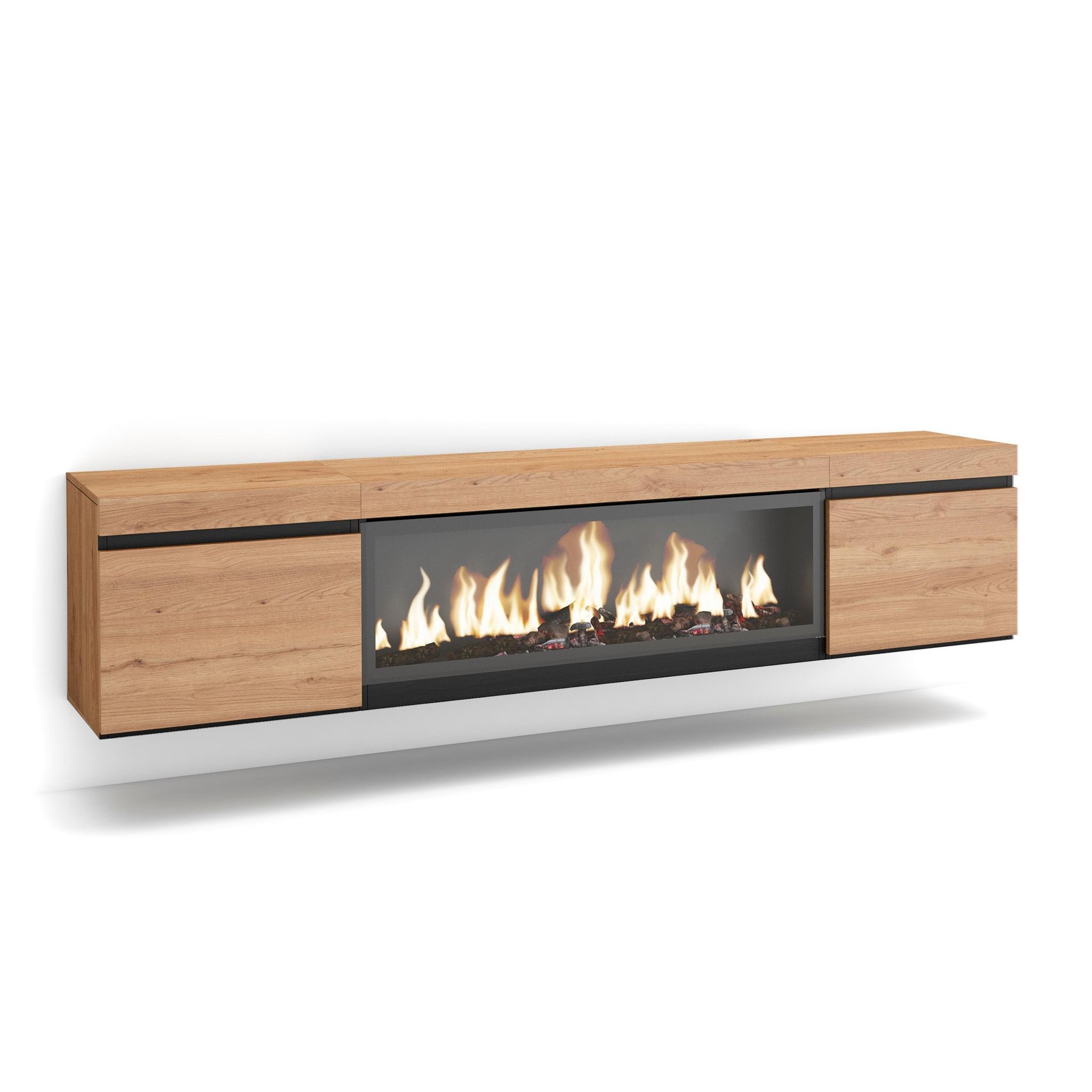 Skraut Home - Meuble Tv, Banc Télé, Grand Espace De Rangement, 210, Pour Les Tv Jusqu'à 80', Cheminée Électrique Xxl, Suspendu, Mural, Style Moderne, Chêne