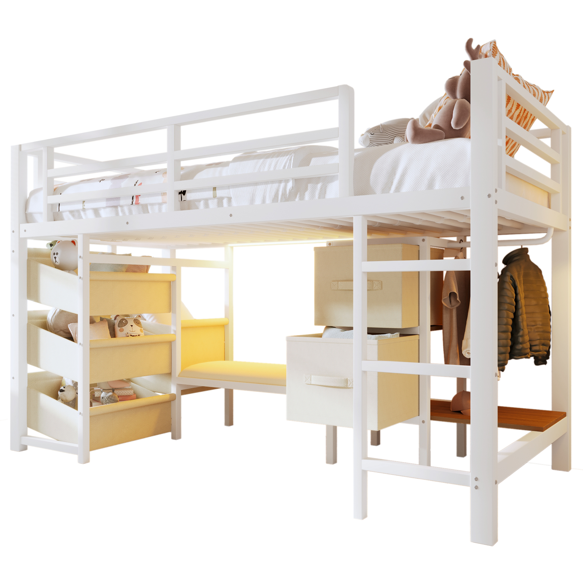 Stilvora Hochbett 90 X 200 Cm Mit Led Regulierbar, Stoffschublade, Aufbewahrungstasche Und Haken, Ohne Matratze, Aus Metall, Weiß