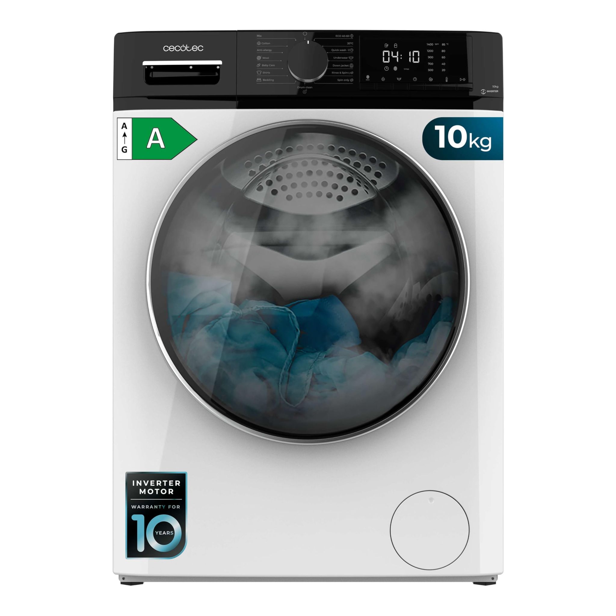 Cecotec Lavadora 10Kg Carga Frontal Bolero DressCode 10610 Inverter A. 1400 RPM, Steam Max, Motor Inverter Plus, 15 Programas