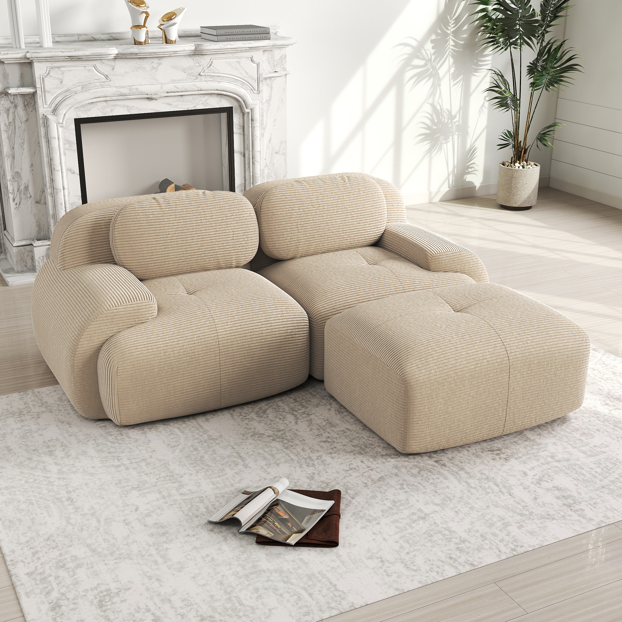 Neche Canapé D'Angle 2 Places 208cm En Velours Côtelé Beige