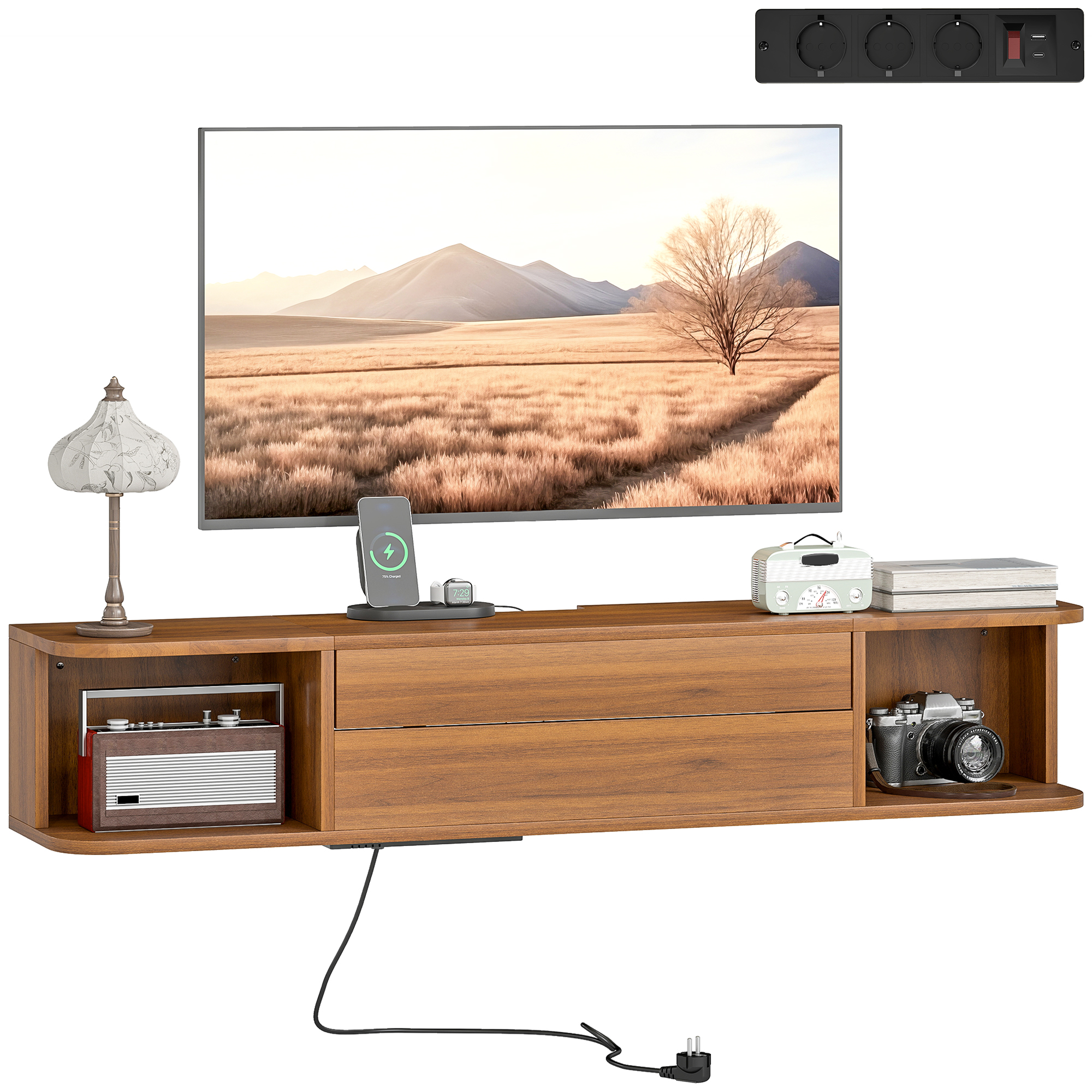 Meuble Tv Mural Suspendu 120 Cm Avec Prises Électriques Usb Type C Tiroir Noyer