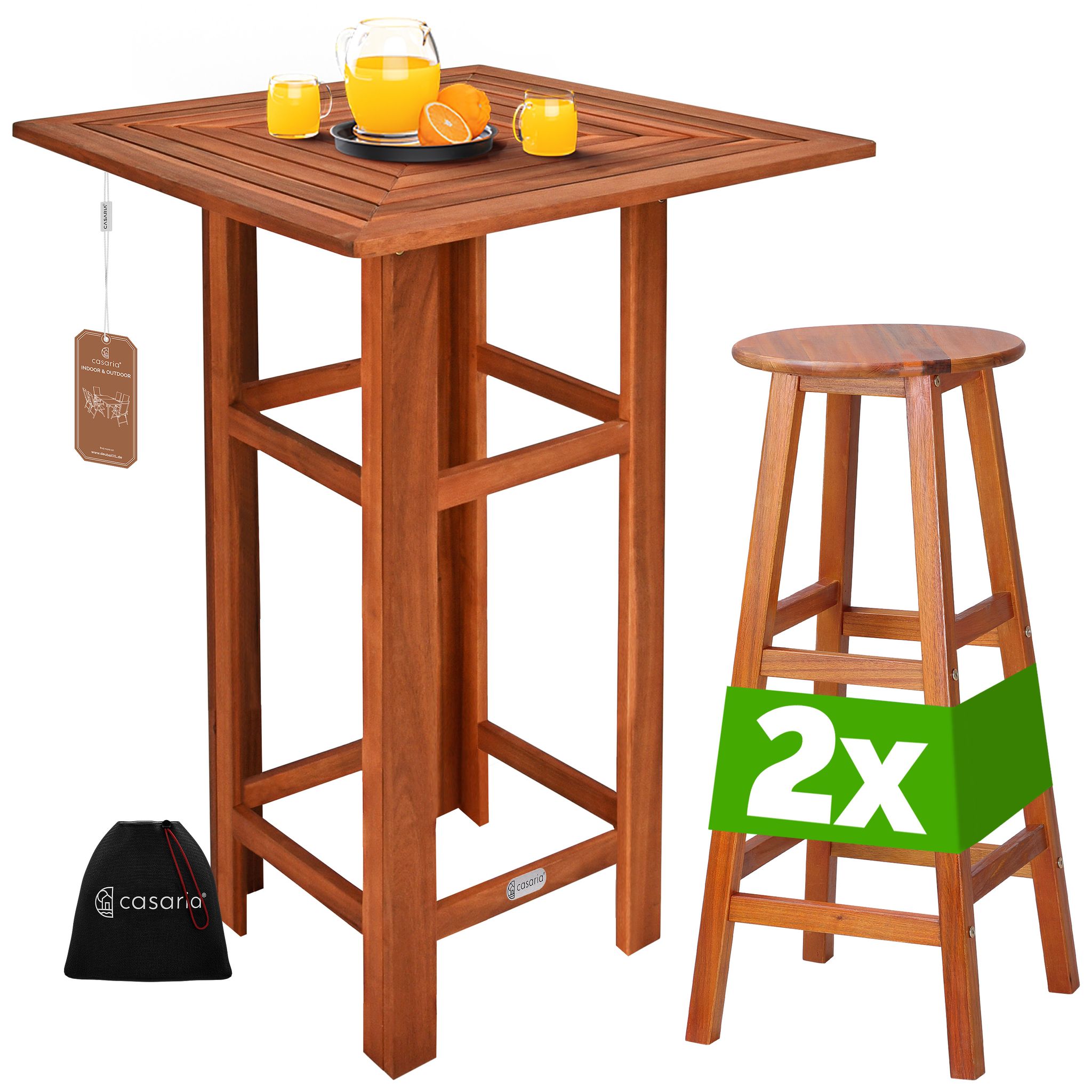 Casaria® Bartisch Mit Hocker Set Outdoor Indoor Holz Akazie 110x75x75cm Wetterfest Rustikal Massiv Garten Balkon Terrasse Möbel Stehtisch 2x Barhocker