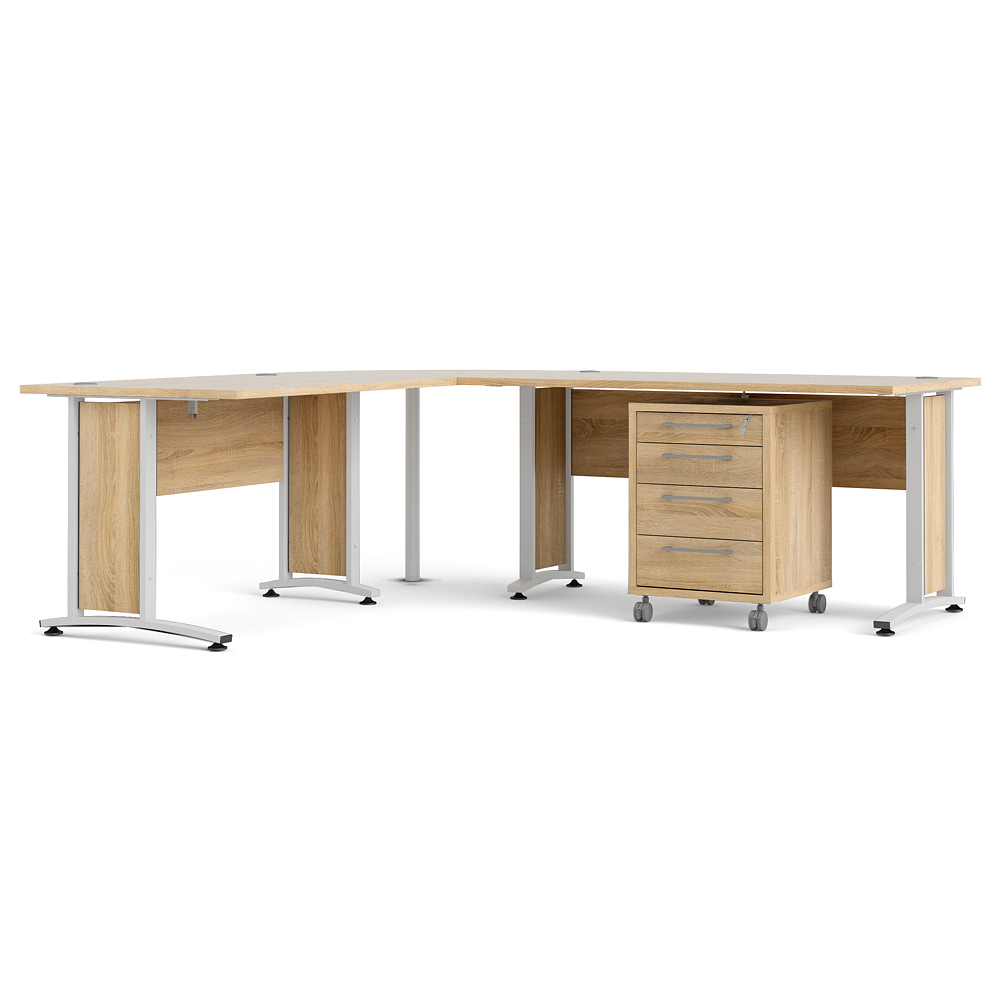 Ebuy24 Prisme Eckschreibtisch Mit Rollcontainer Eiche Dekor, Weiss
