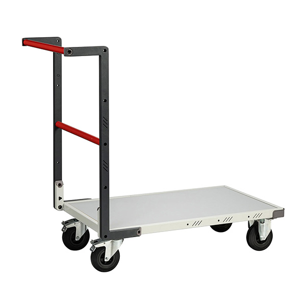 Chariot modulable livré monté, plateau bois mélaminé 850x495 mm, charge 250 kg, dossier fixe