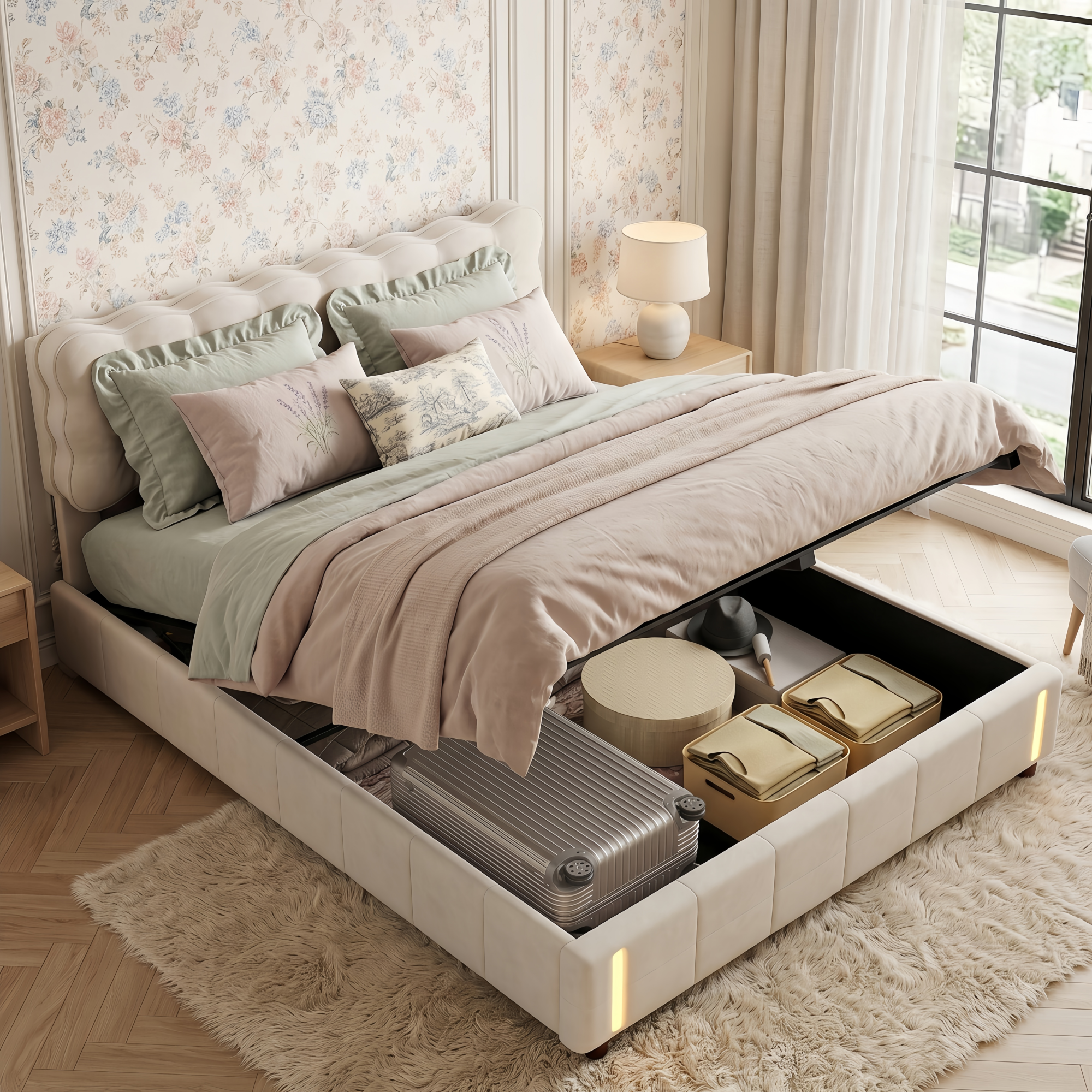 Lit Coffre Double 140x190 Cm Velours Beige