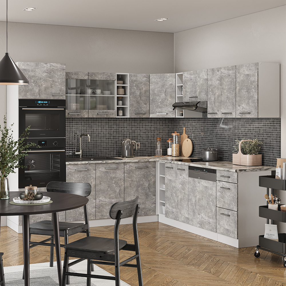 Vicco - Cuisine en angle R-Line, Béton/blanc, 237 x 60 cm, pt Marbre