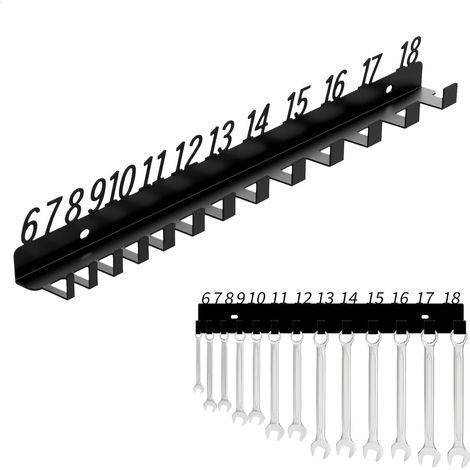 Porte outils mural métallique noir, crochets espacés de 1,1 à 2,5 cm, 6 à 18 numéros, vis et chevilles fournies