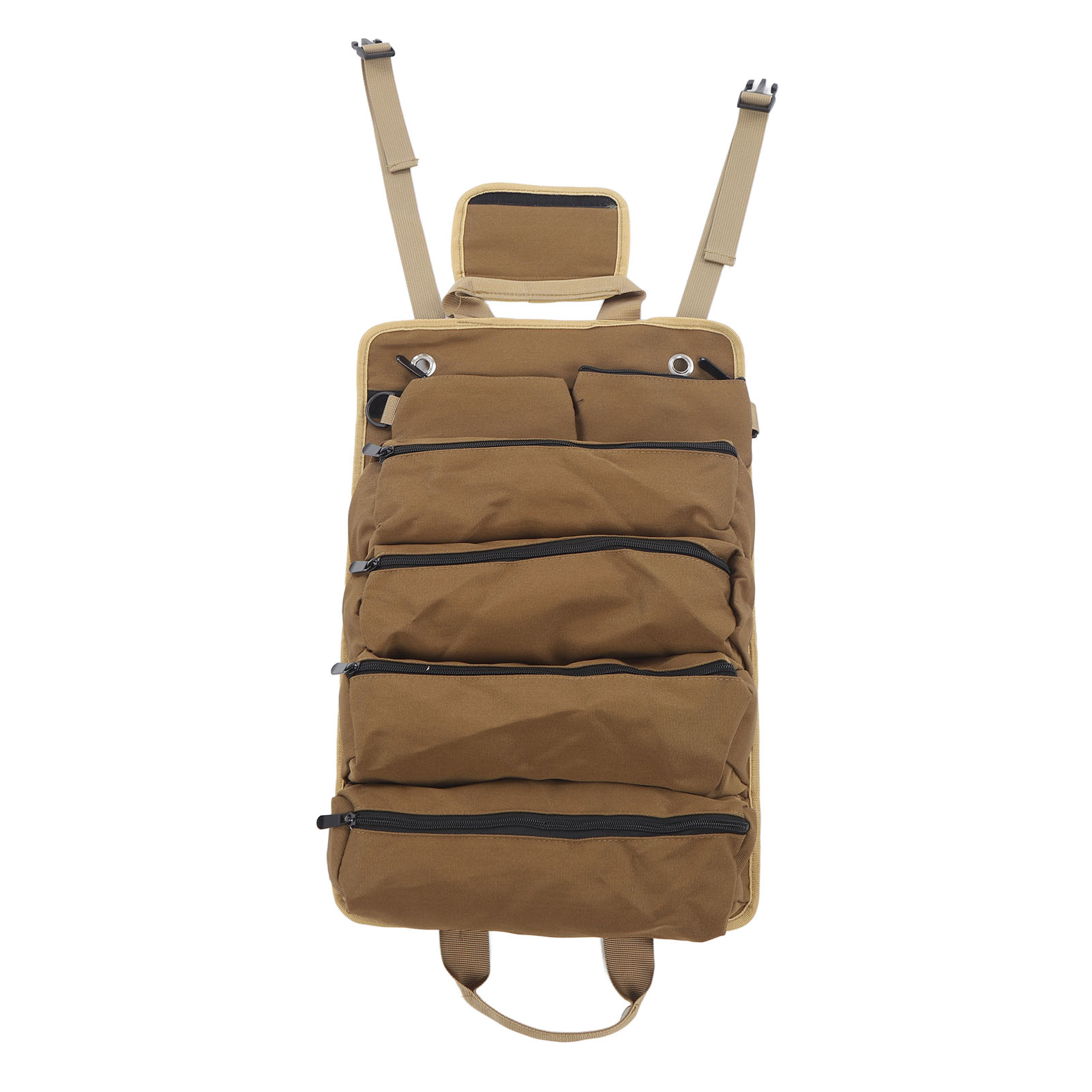 Sac à outils enroulable en tissu Oxford kaki, poches séparées, poignée et sangle pour jardinage et camping