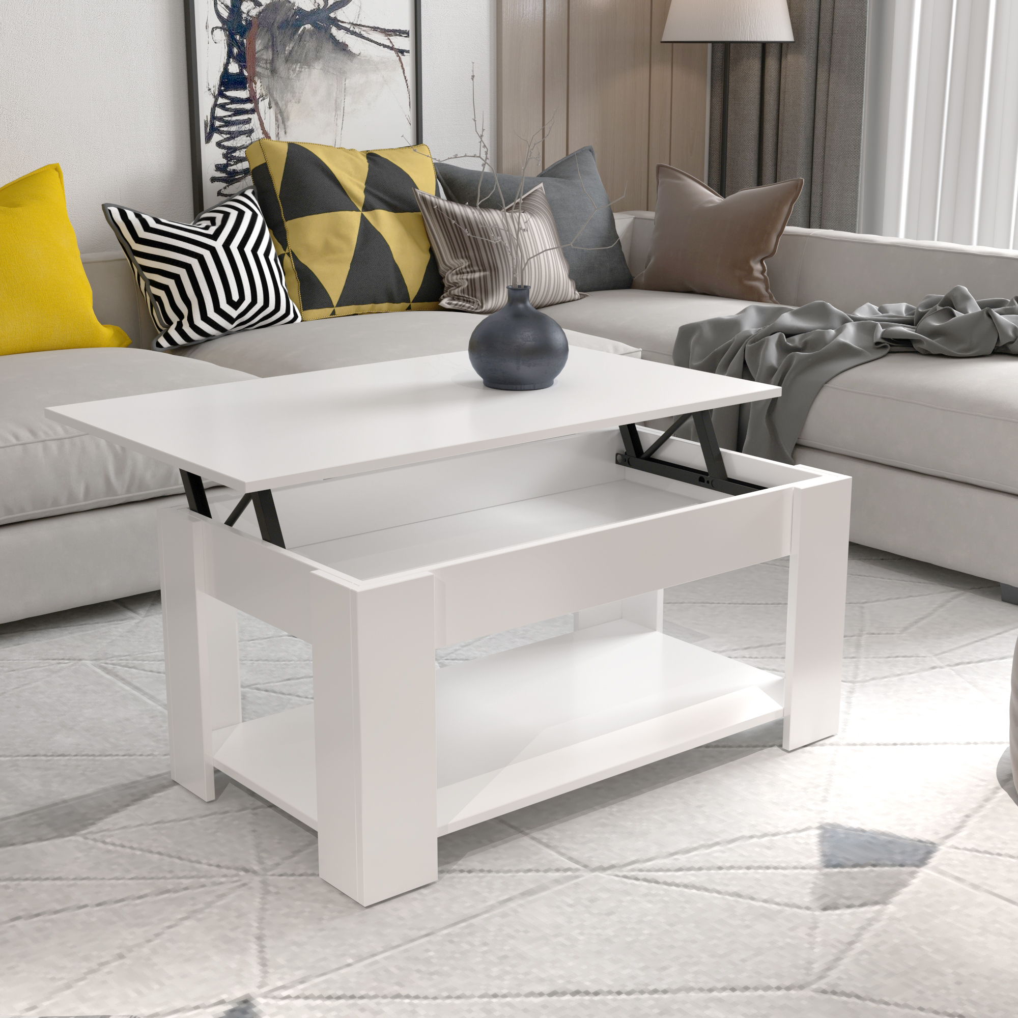 Hobag – Table Basse Relevable Blanche – Plateau Ajustable – Dimensions