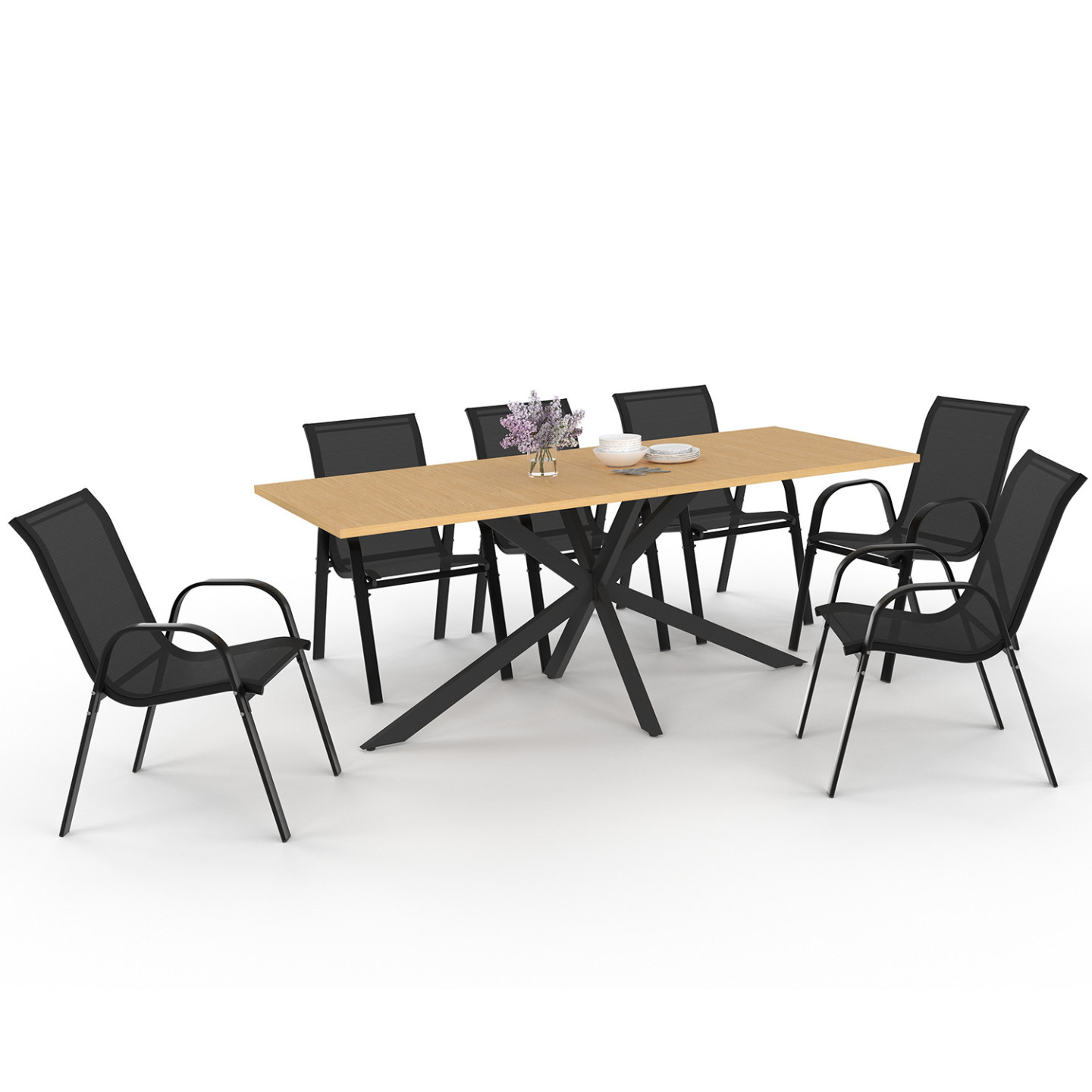 Idmarket – Ensemble Table Et 8 Chaises De Jardin – Table Rectangulaire 190 Cm – Structure Métal Noir – Assise Textilène Respirante
