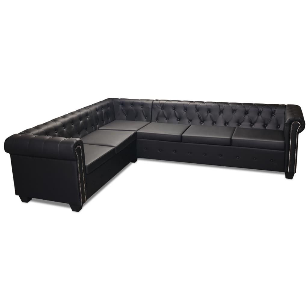 Inlife - Canapé D'Angle Chesterfield 6 Places Cuir Artificiel Noir