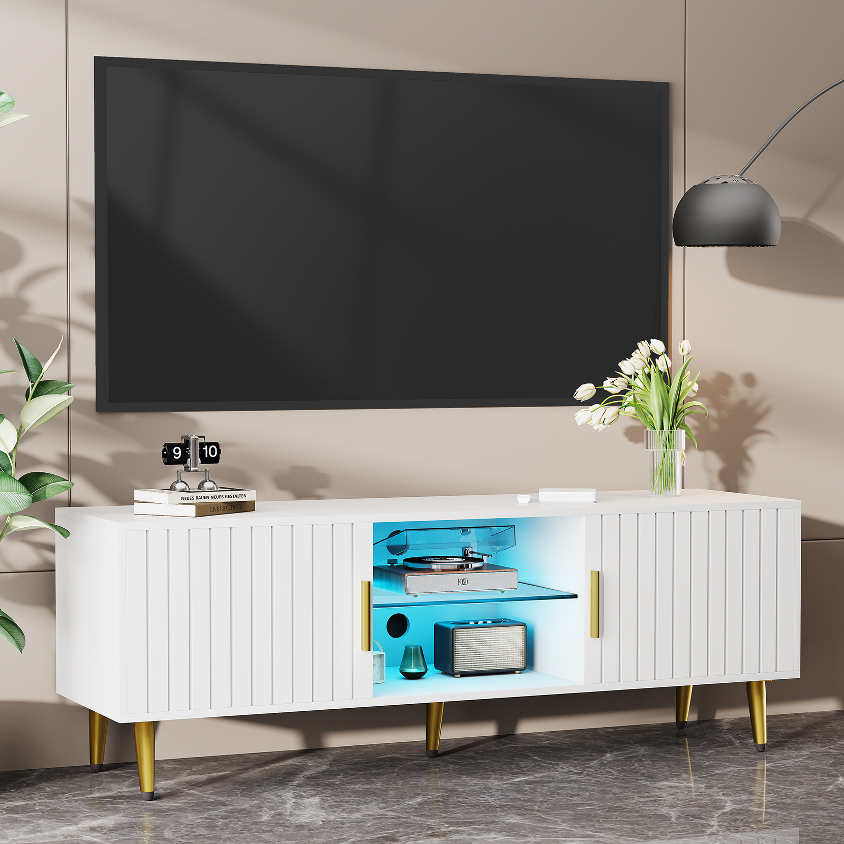 Meuble Tv Avec Led140x40x48cm 2 Portes Compartiment Rangement Pieds