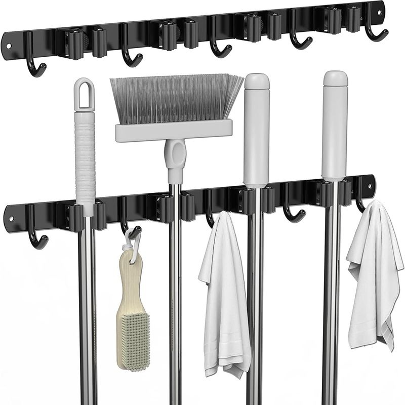 Porte-balais mural avec 9 positions de suspension, acier inoxydable, 20 kg, 5 supports et 4 crochets