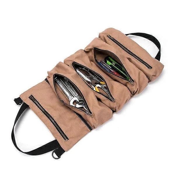 Sacoche à outils en toile à rouler, 5 poches zippées, 49 x 29 cm, kaki