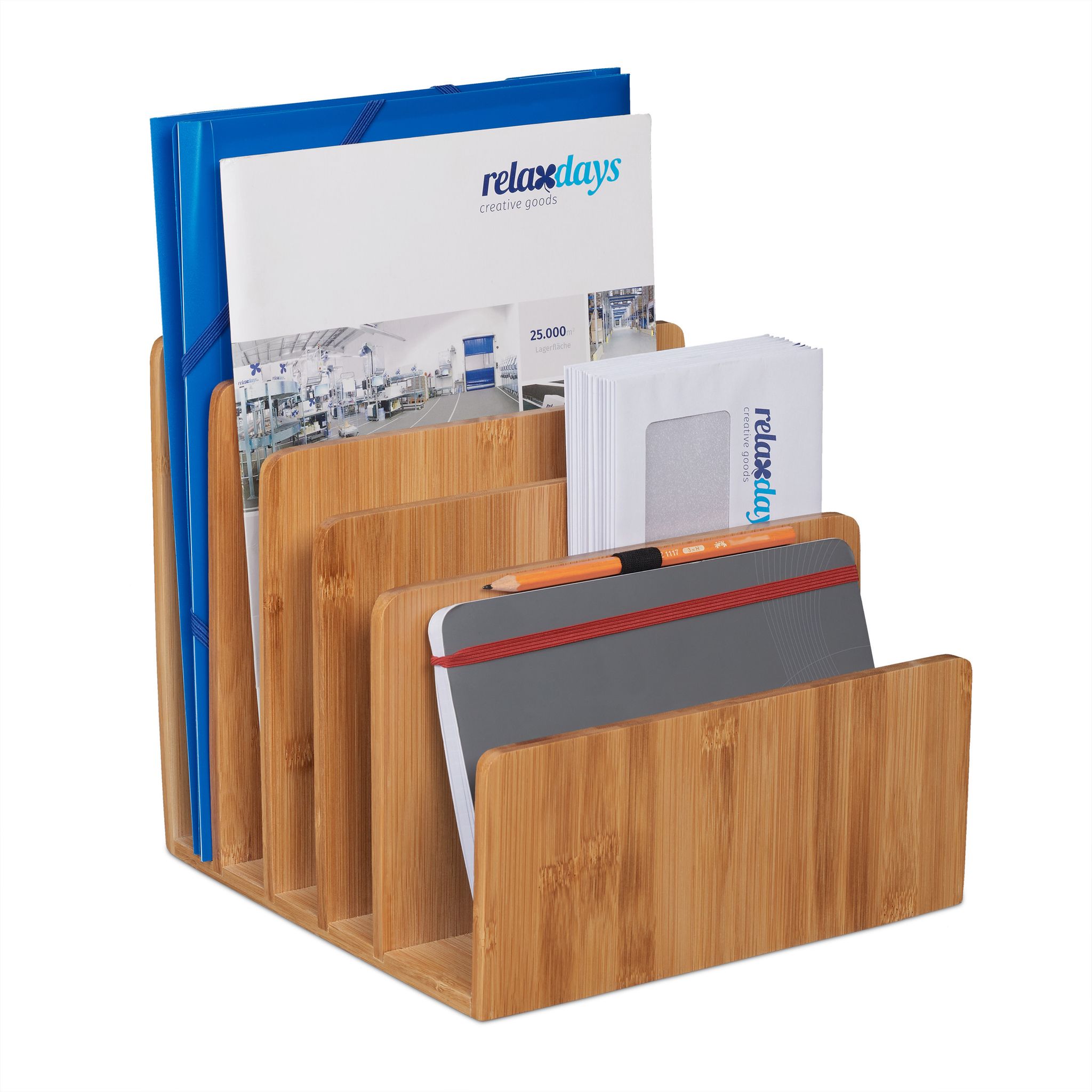 Portadocumenti In Bambù, 5 Scomparti Per Lettere E Documenti Organizer Scrivania, Hlp 23x24,5x25,5cm, Naturale - Relaxdays