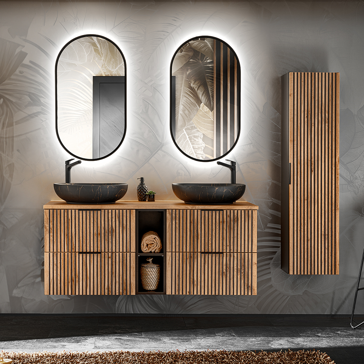 Ensemble Meuble Double Vasque 140cm 2 Niches Et Colonne Gaia Bois Et