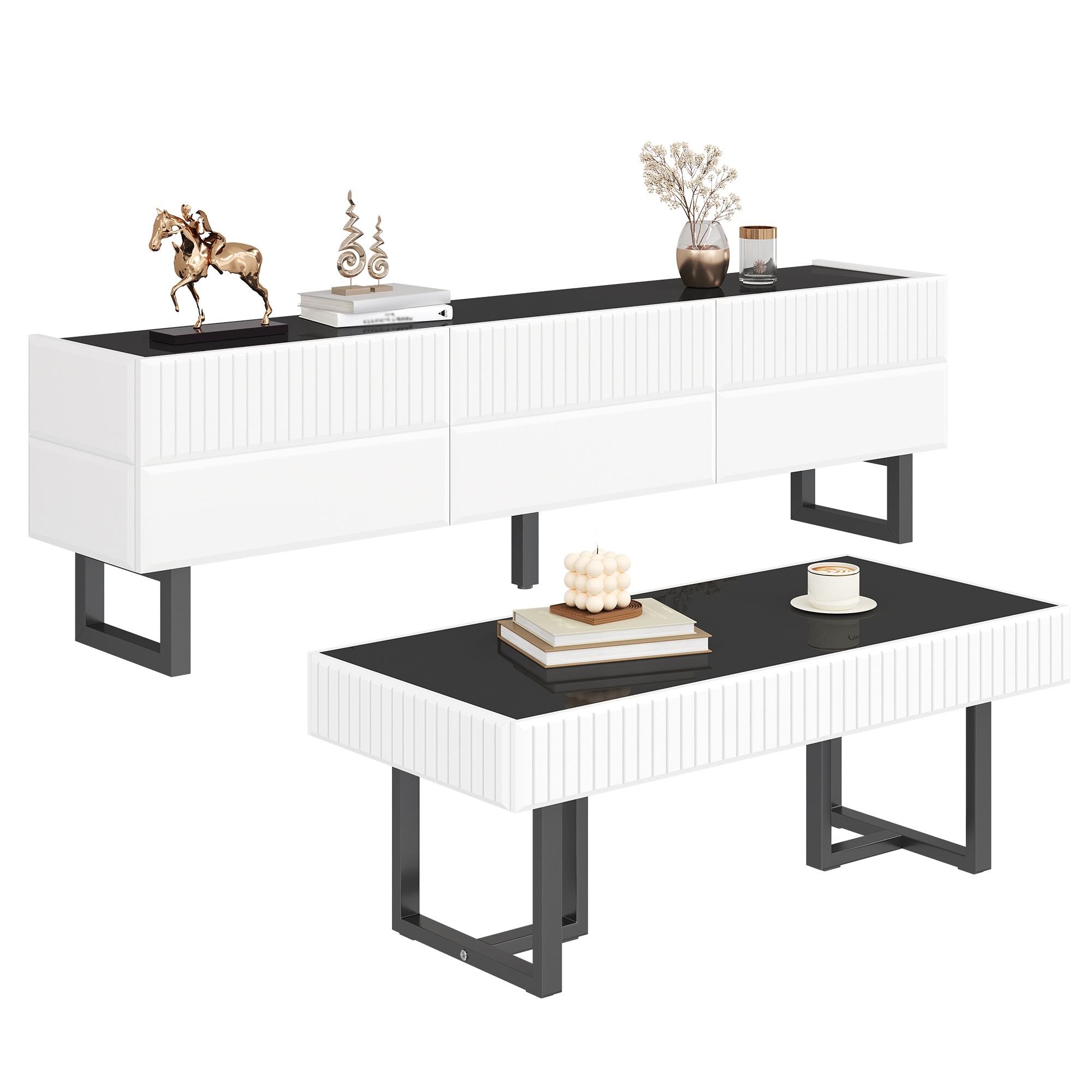 Stilvora Wohnzimmerset Mit 1 Tv-schrank Und 1 Couchtisch, Stauraum Mit Schubladen Und Regalen, Für Wohnzimmer, Mdf Und Spanplatte, Schwarz Und Weiß