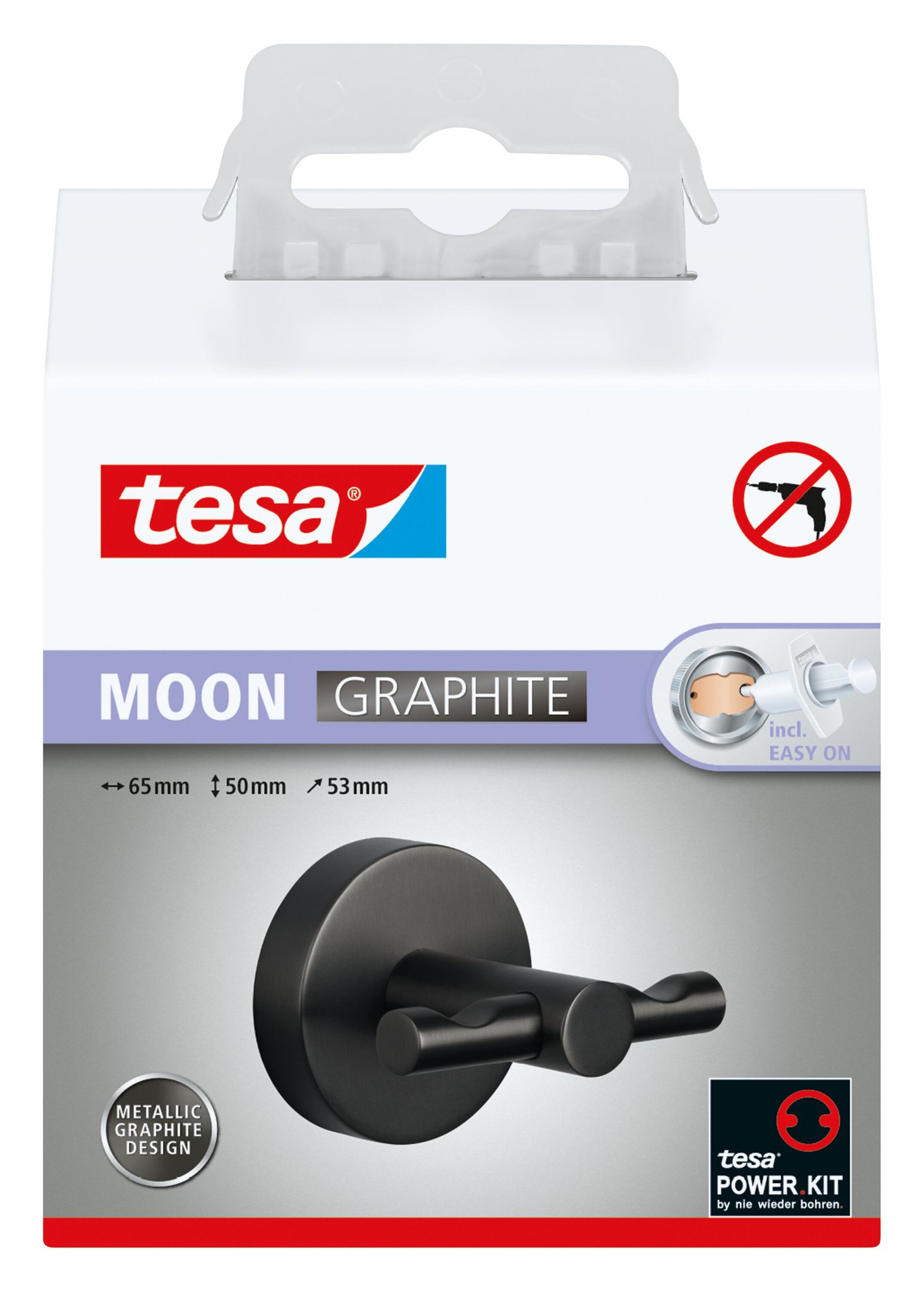 Moon Bademantelhaken In Gebürstetem Grafit - Selbstklebender Wandhaken Aus Pvd-beschichtetem Metall - Ohne Bohren, Inkl. Klebelösung - 50 Mm X 65 Mm X 53 Mm - Tesa