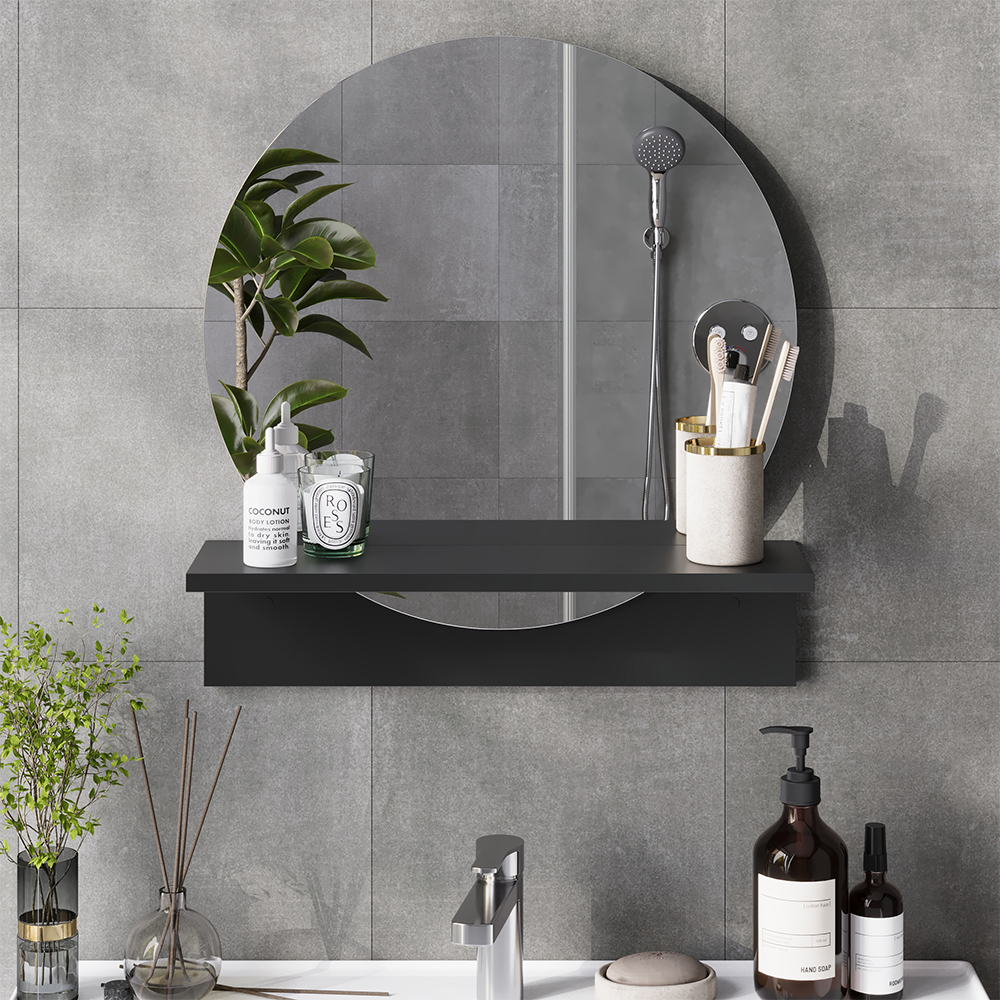 Miroir Mural Elyra, Noir, 50x54.5cm Avec Tablette, Vicco