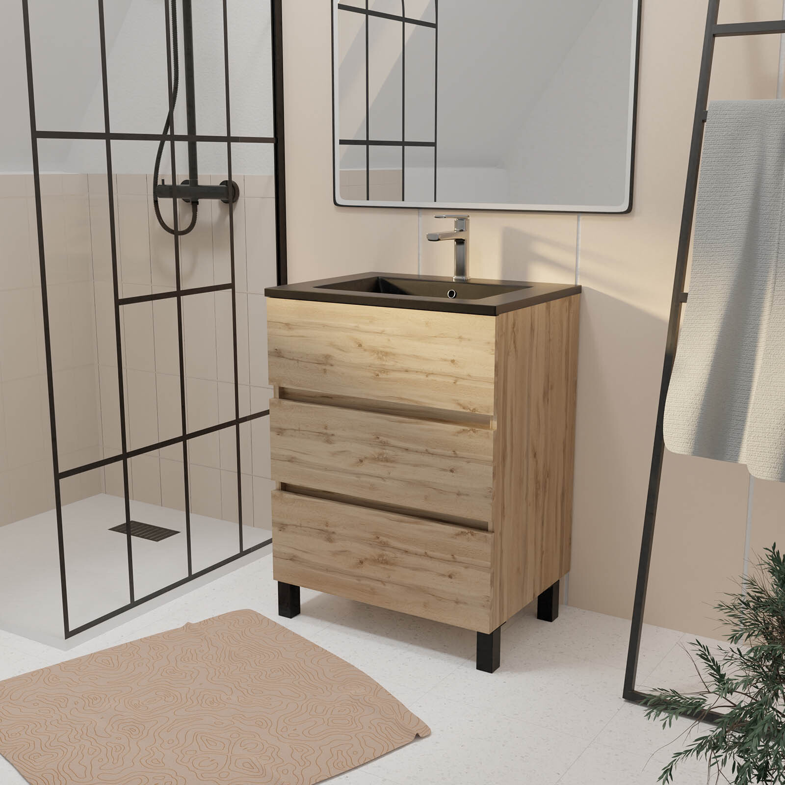 Meuble De Salle De Bains 60 Cm 3 Tiroirs Chêne Naturel + Vasque