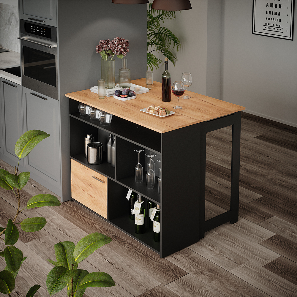 Table de bar Dominic, Chêne de force doré, 116 x 37 cm 4x compartiments ouverts et 1x porte Vicco