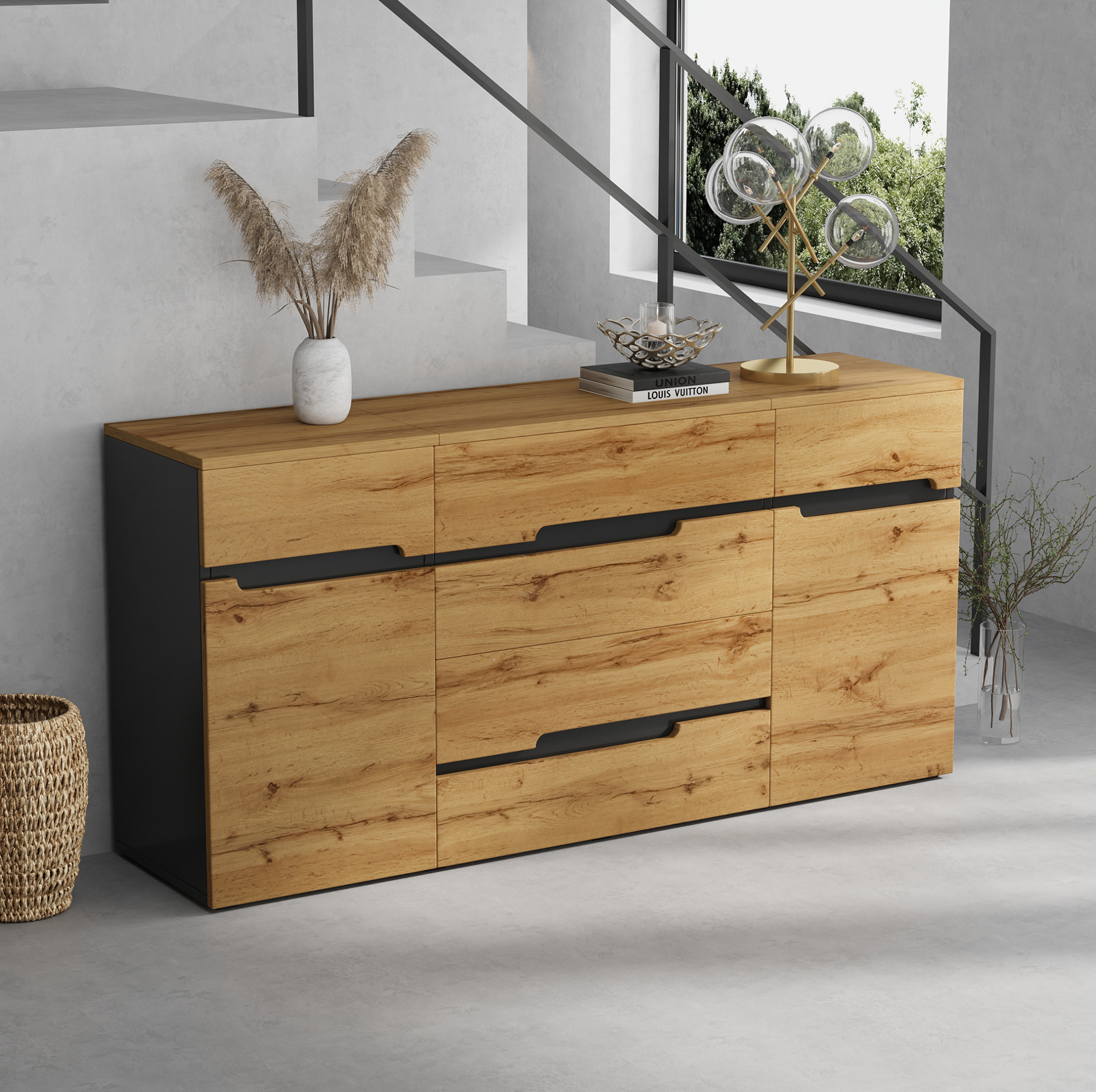 Covreo Sideboard 160x40x80 Cm Schwarz Holzoptik Spanplatte Mit 2 Türen, 4 Schubladen Und Grifflosem Design
