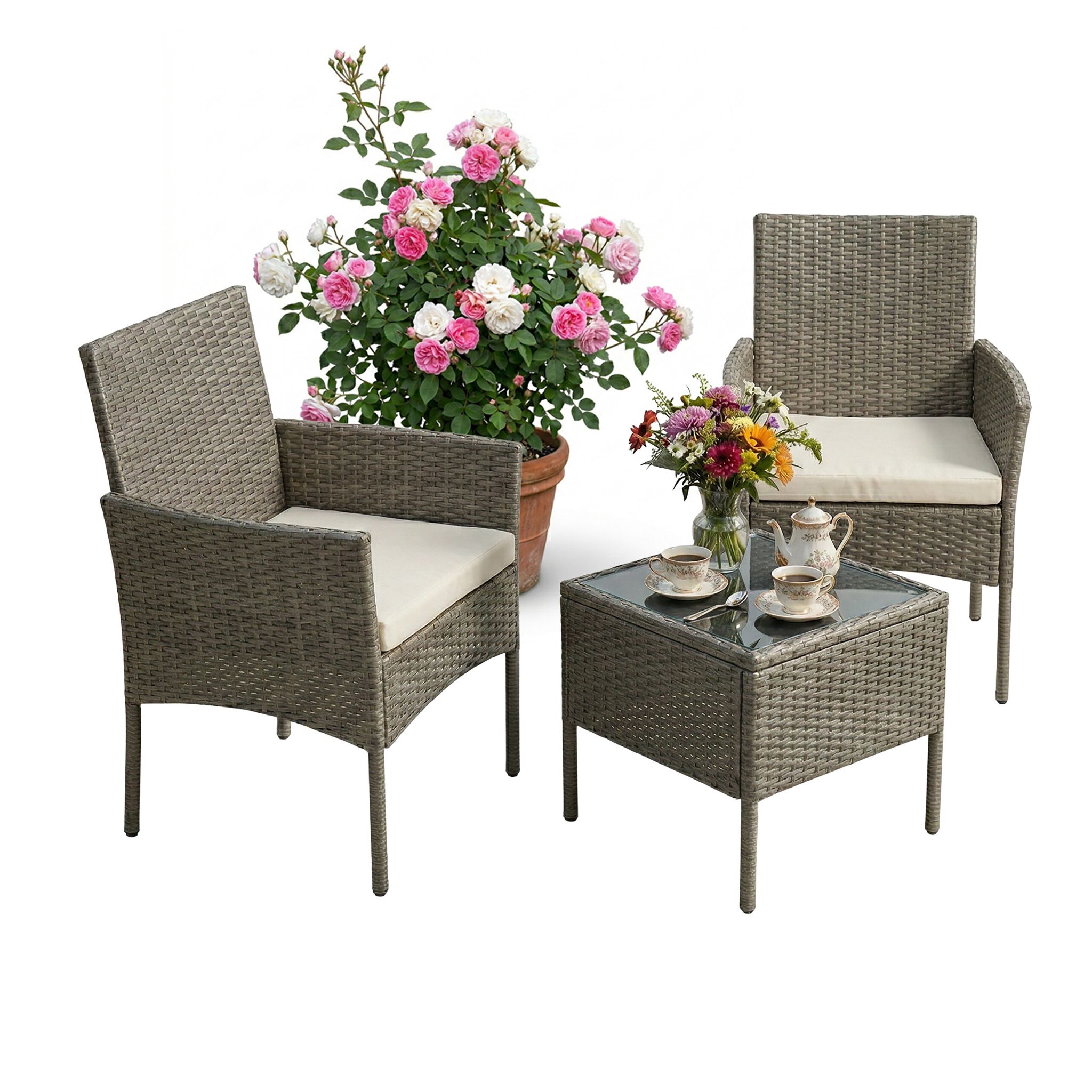 Relaxdays 3-piece Rattan Garden Lounge Set, 2-person, 2 Armchairs & Glass-top Table, Grey