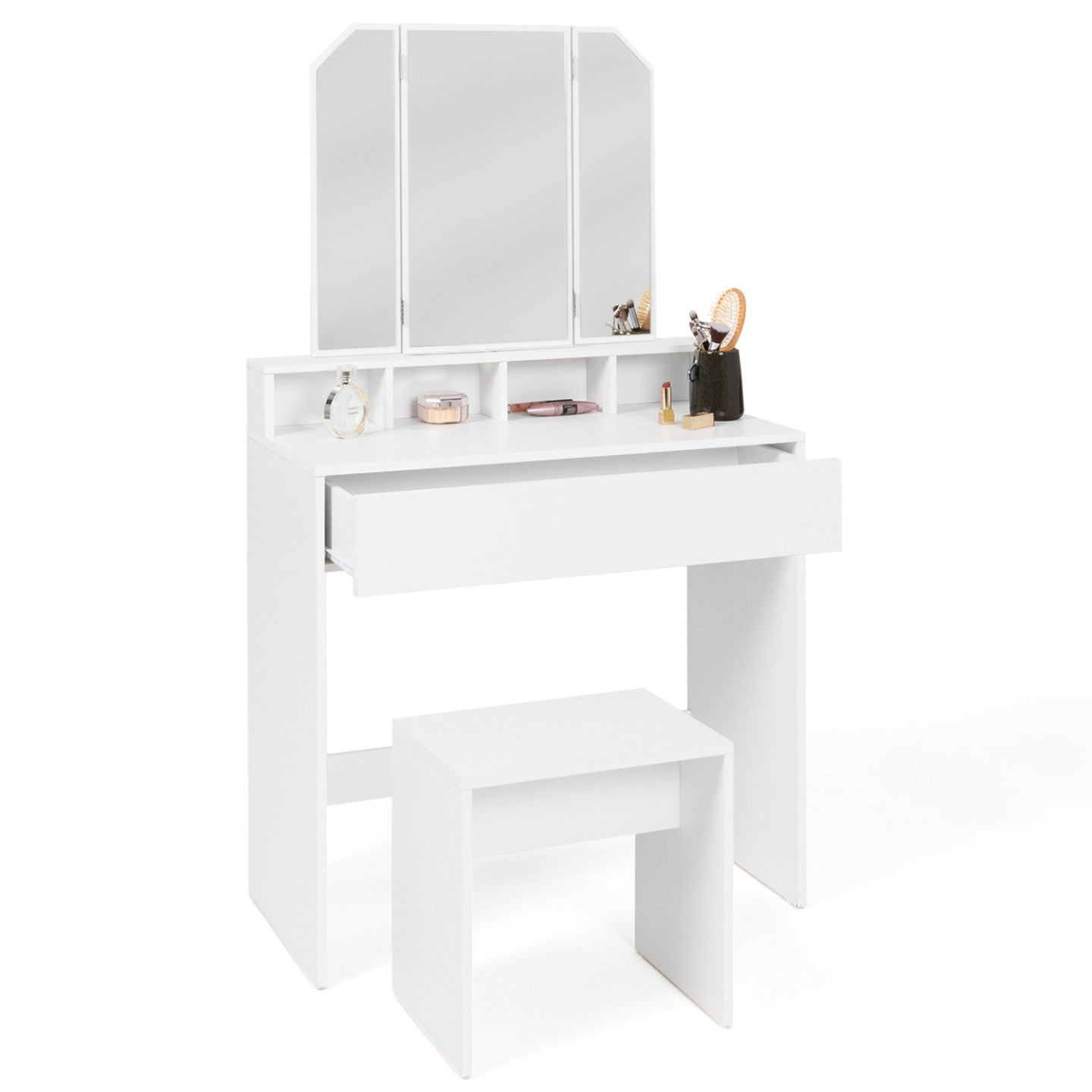 Idmarket - Coiffeuse Zelia 3 Miroirs Avec 4 Niches, 1 Tiroir Et Tabouret